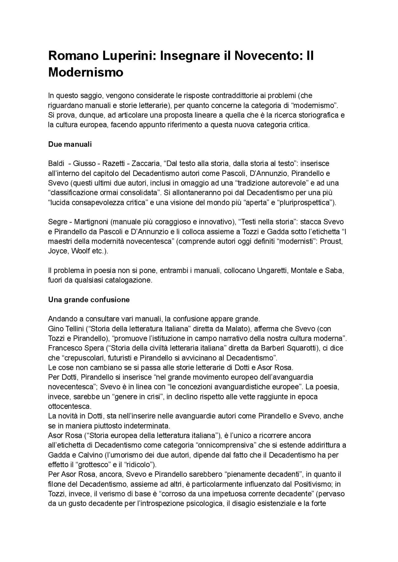 Romano Luperini Insegnare il Novecento Il Modernismo Docsity