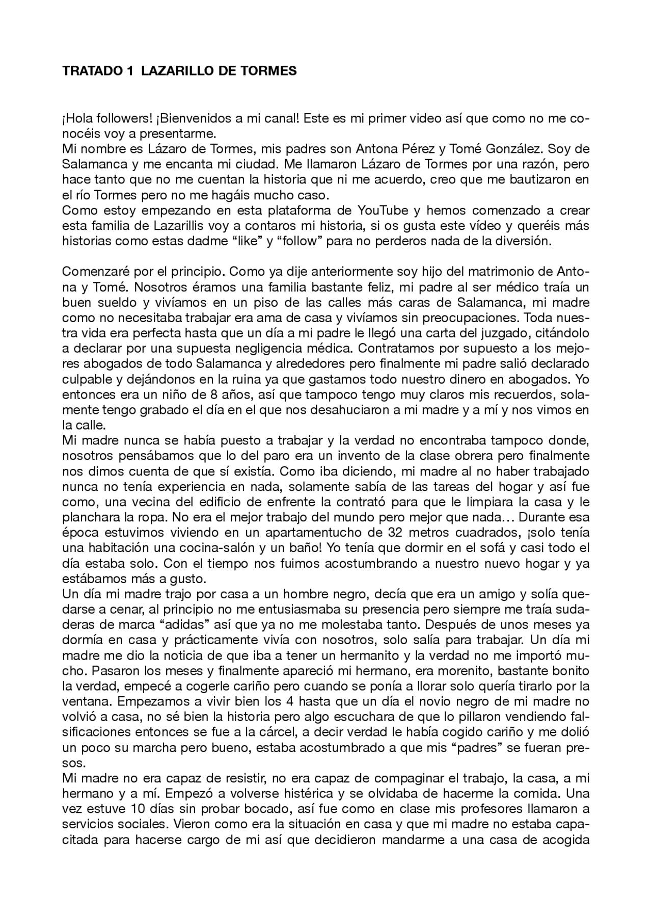 Tratado 1 Lazarillo de Tormes llevado a la actualidad - Docsity