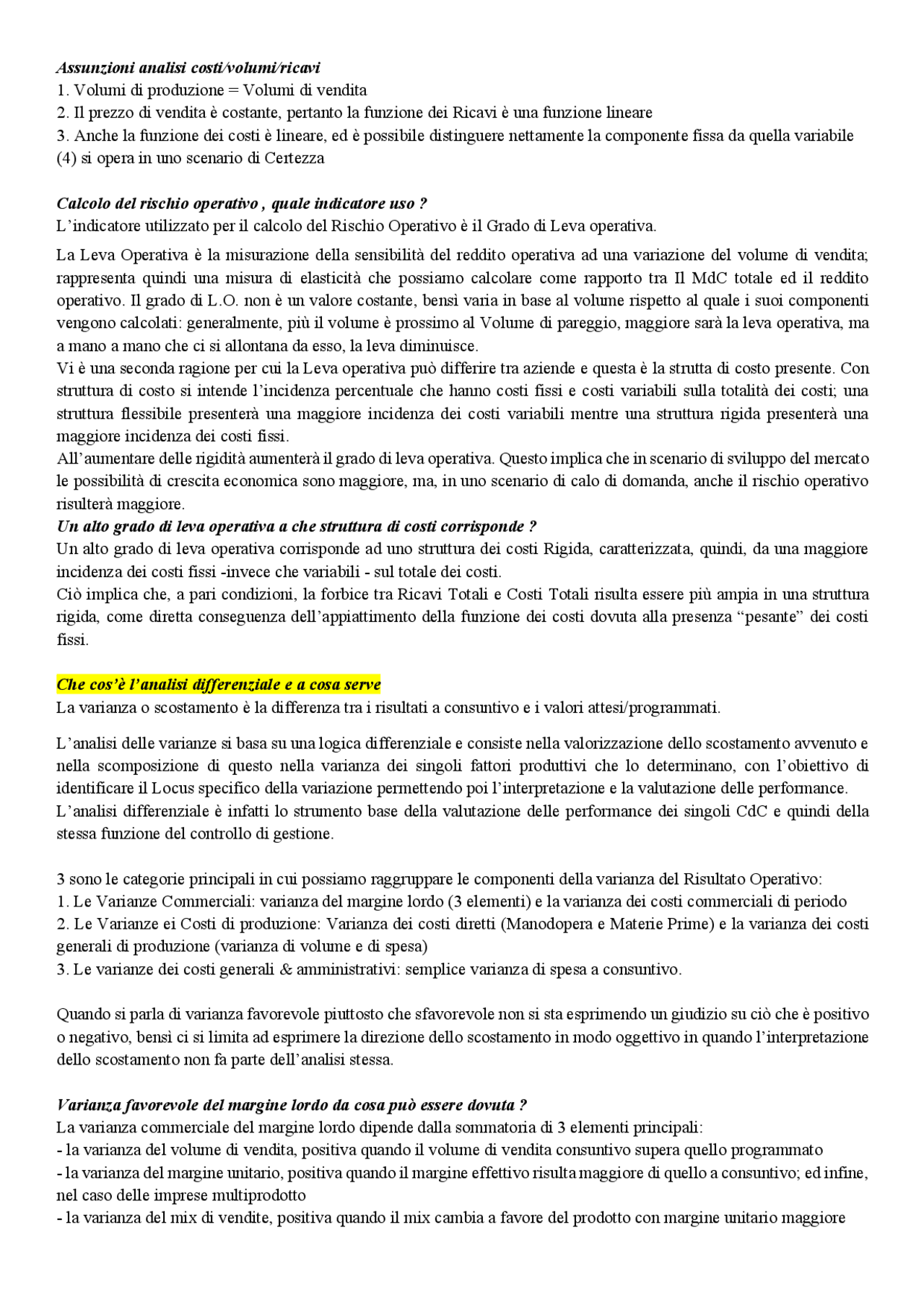 Domande esame Analisi e Contabilità dei Costi - Docsity