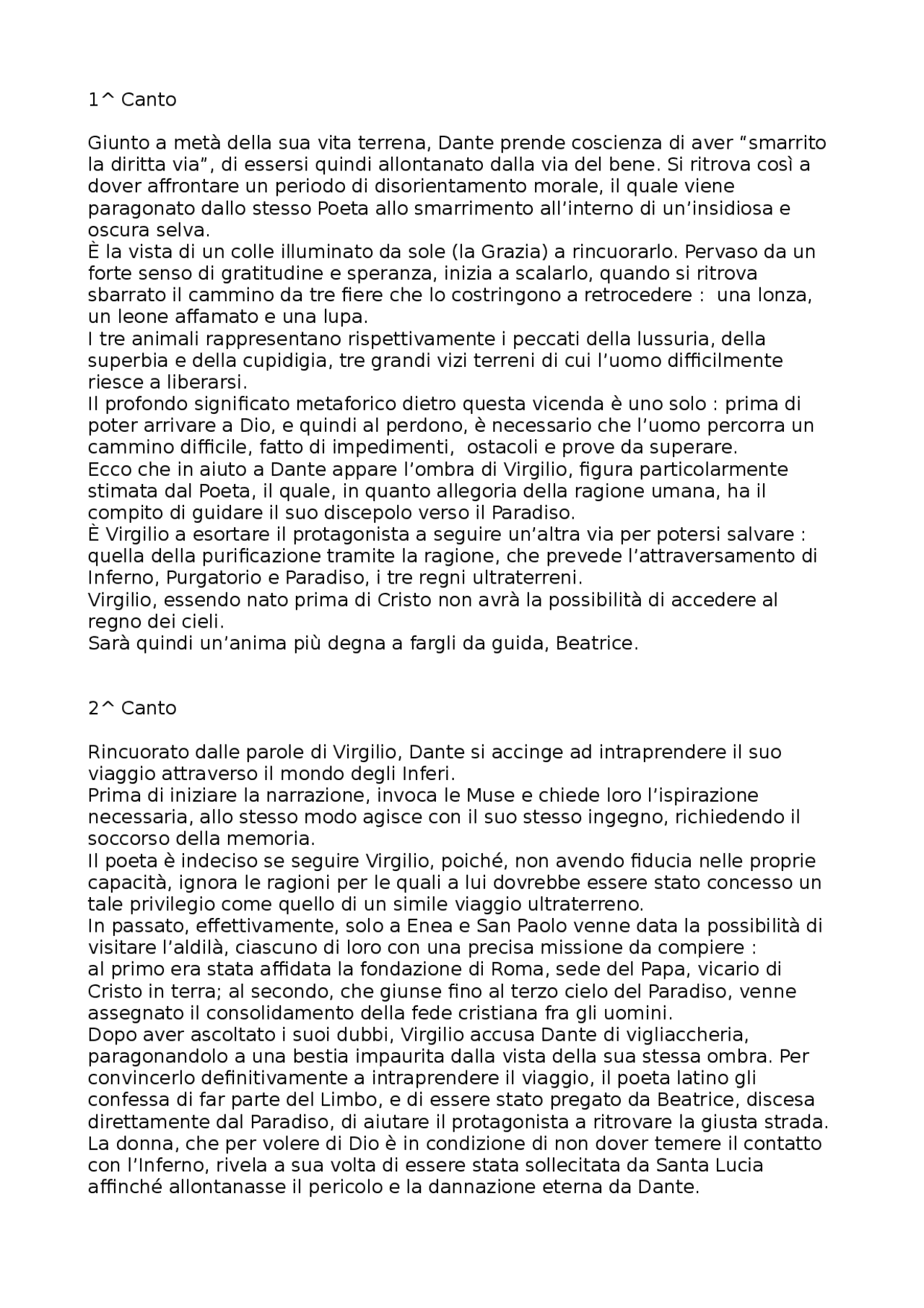 Riassunti del primo e secondo canto dell'Inferno Docsity