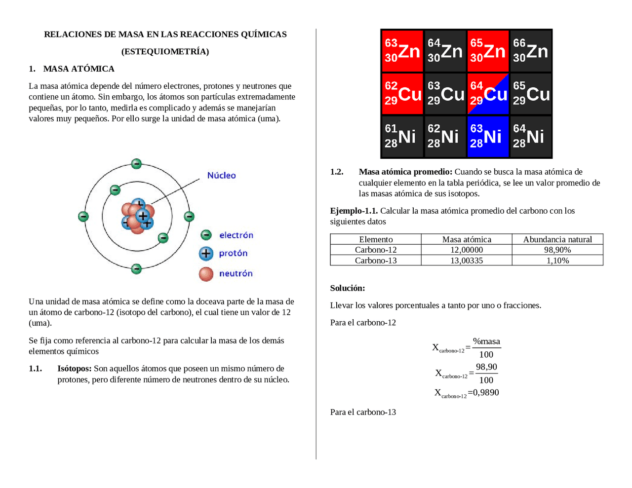 MASA ATOMICA TEORIA Y EJERCICIOS | Apuntes de Química Aplicada - Docsity