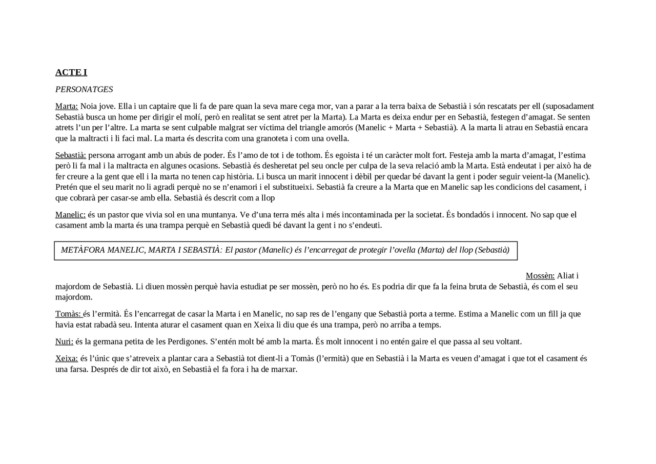 Resum de Terra Baixa - Docsity