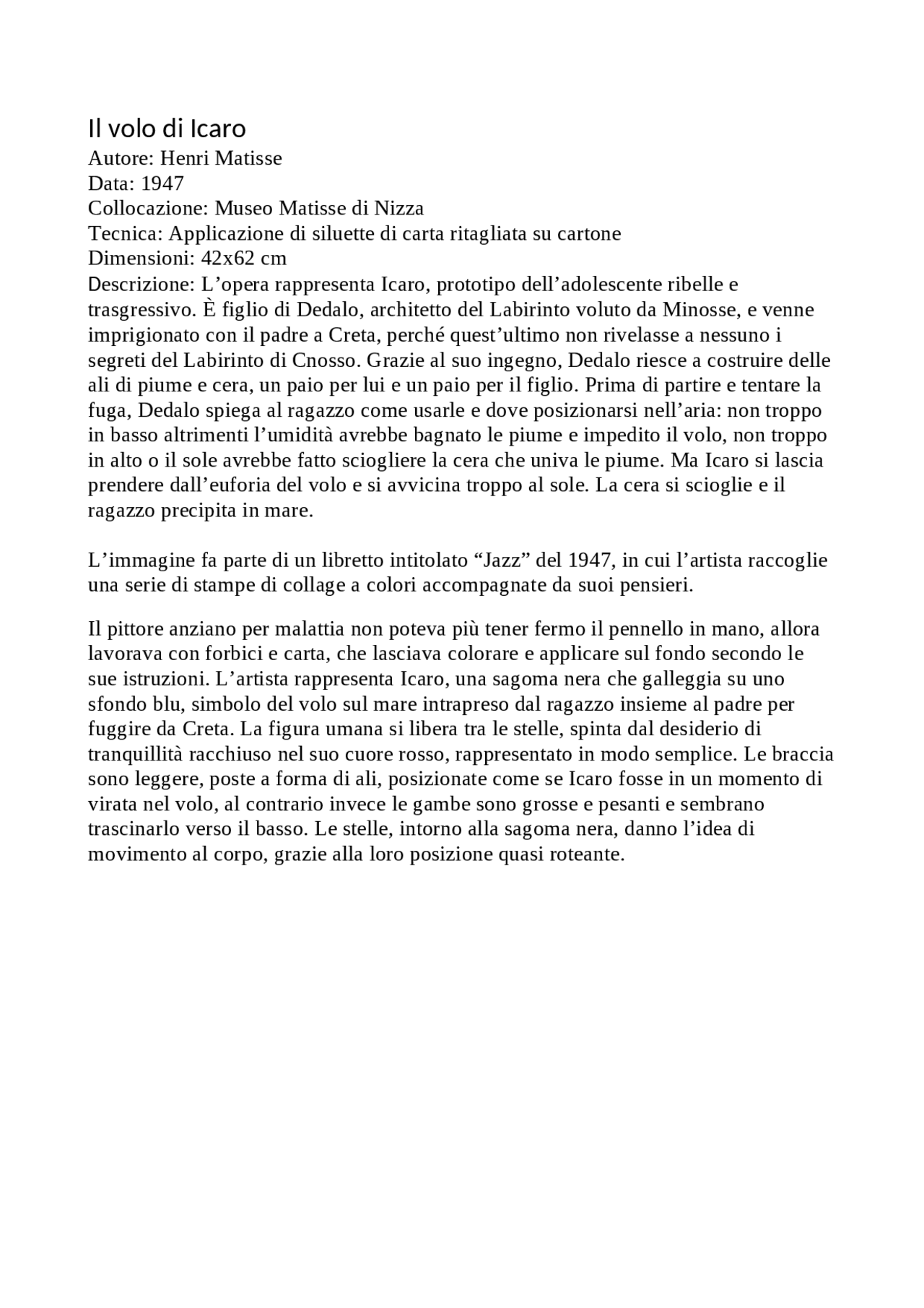 icaro di matisse - 5 Descrizione opera Il volo di Icaro | Appunti di Elementi di storia dell'arte ed espressioni grafiche | Docsity