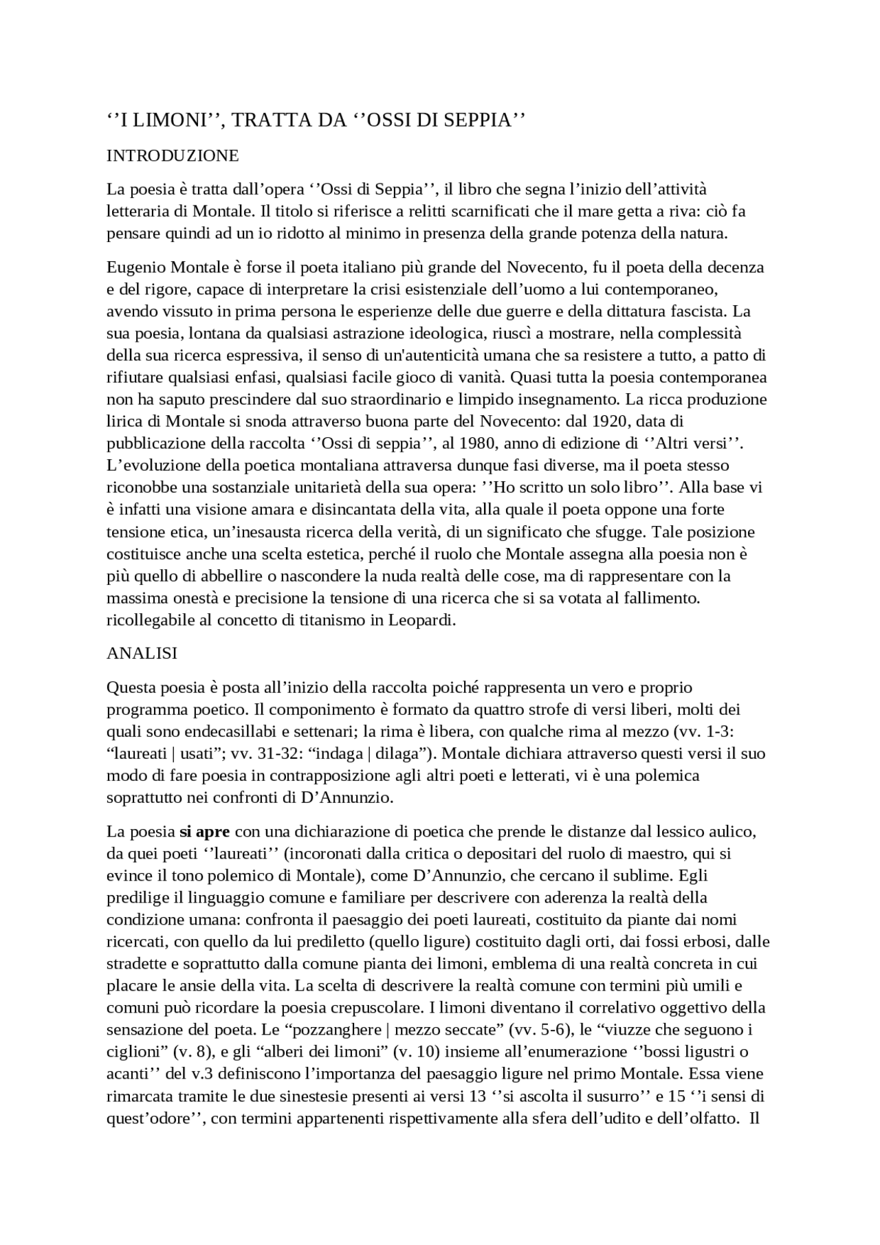 ANALISI "I LIMONI" EUGENIO MONTALE - Docsity