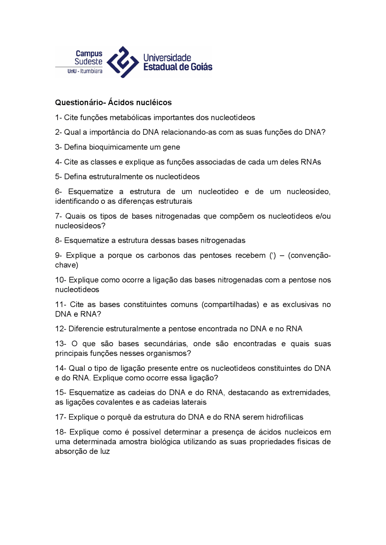 Questões de Bioquimica | Exercícios Bioquímica | Docsity