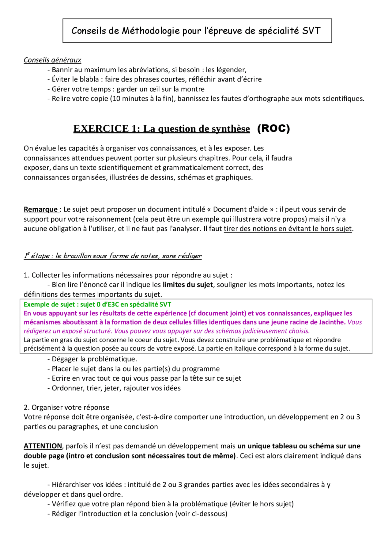 Méthodologie Exercice Type 1 Svt Conseil methodologiques SVT premiere | Guide, Projets, Recherche Sciences  de la Vie et de la Terre (SVT) | Docsity