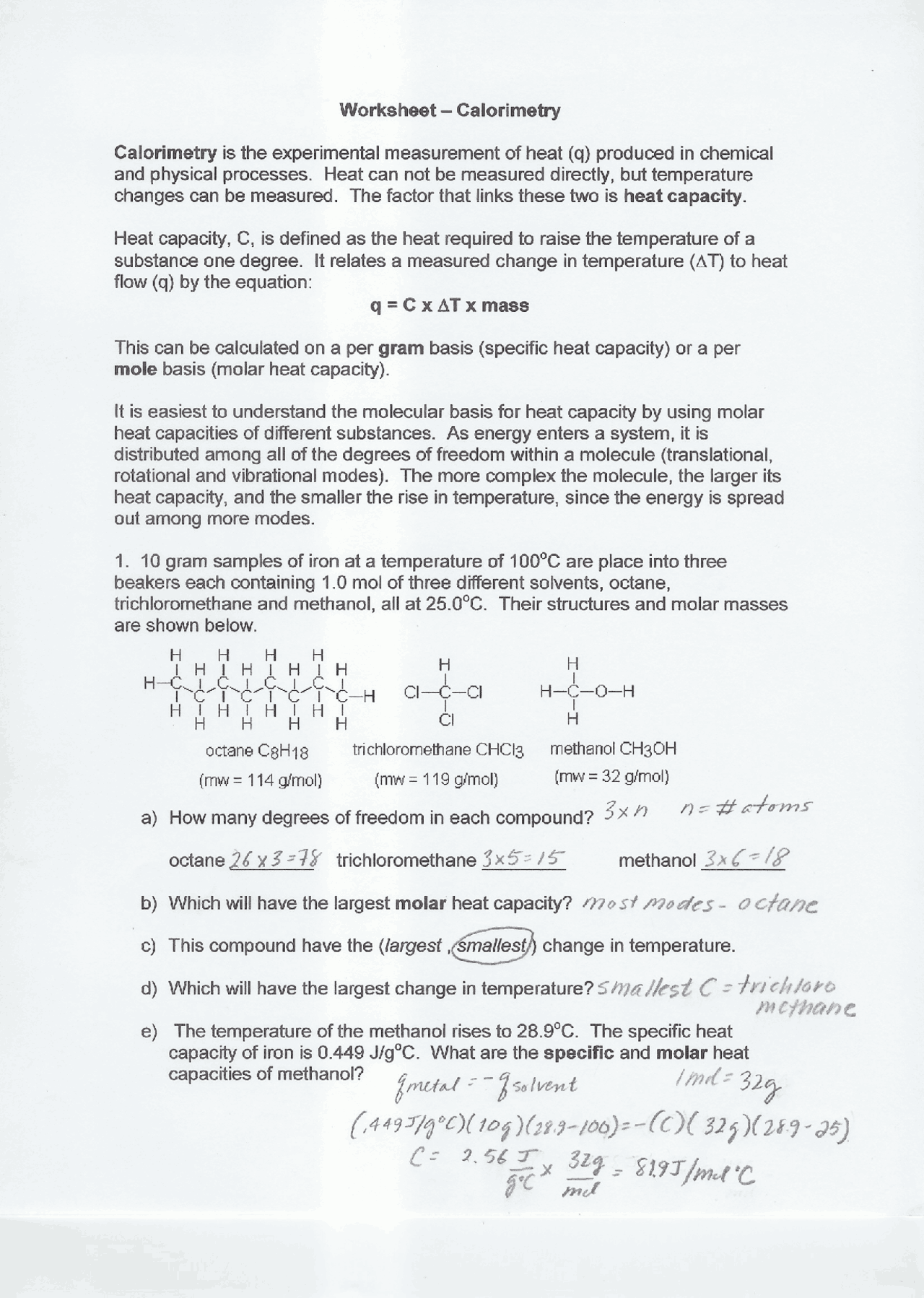 Calorimetry Worksheet with Answer Key | Exercises Chemistry | Docsity