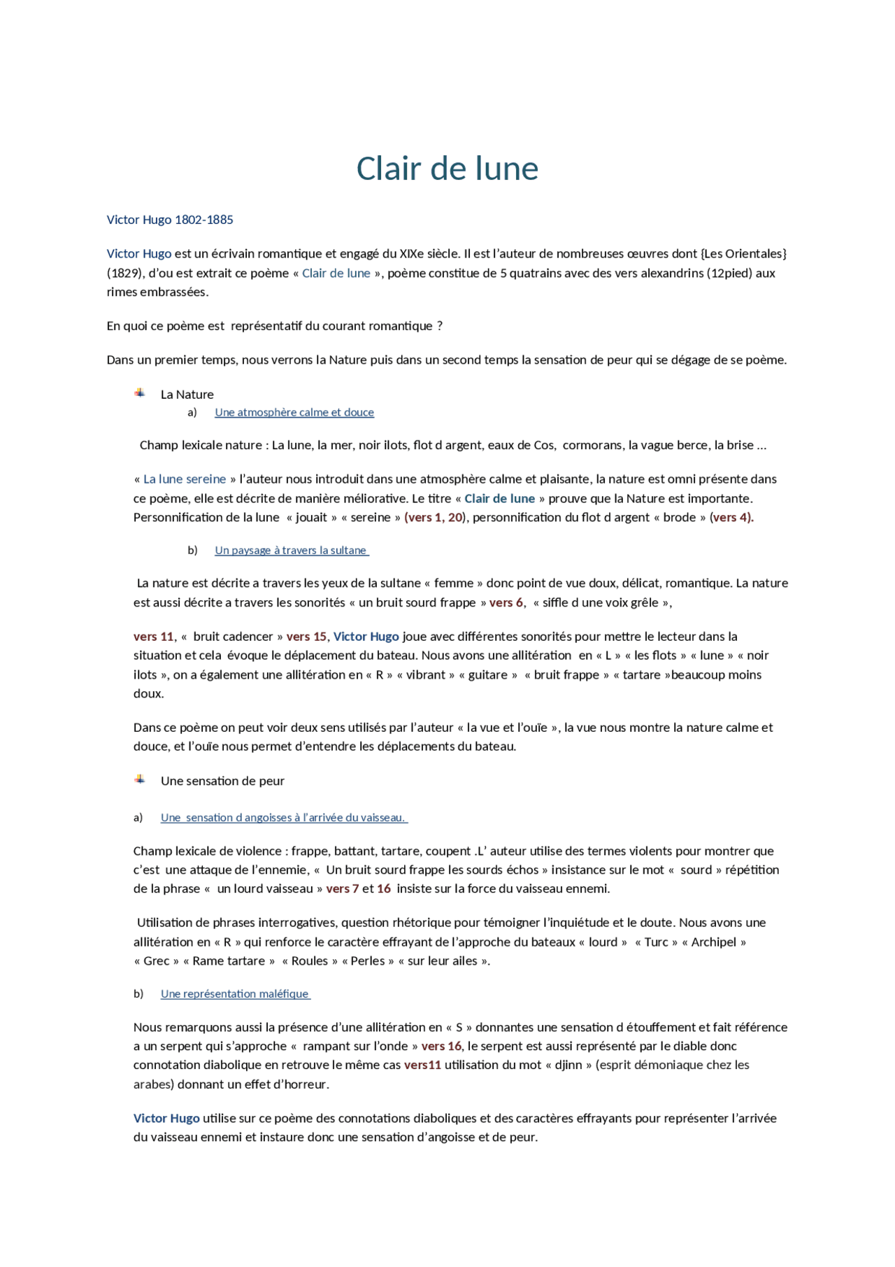 Poeme Clair De Lune Victor Hugo Clair de lune explication lecture commentair | Lectures Français | Docsity