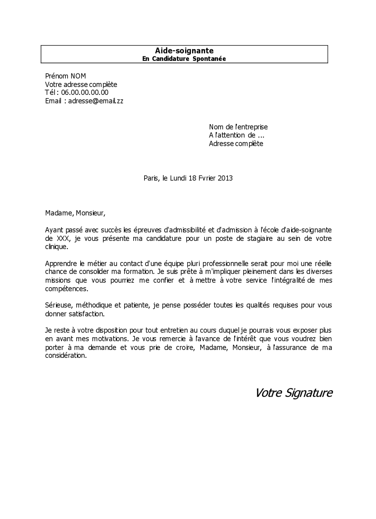 Exemple de lettre de motivation Aide soignante en candidature spontanée