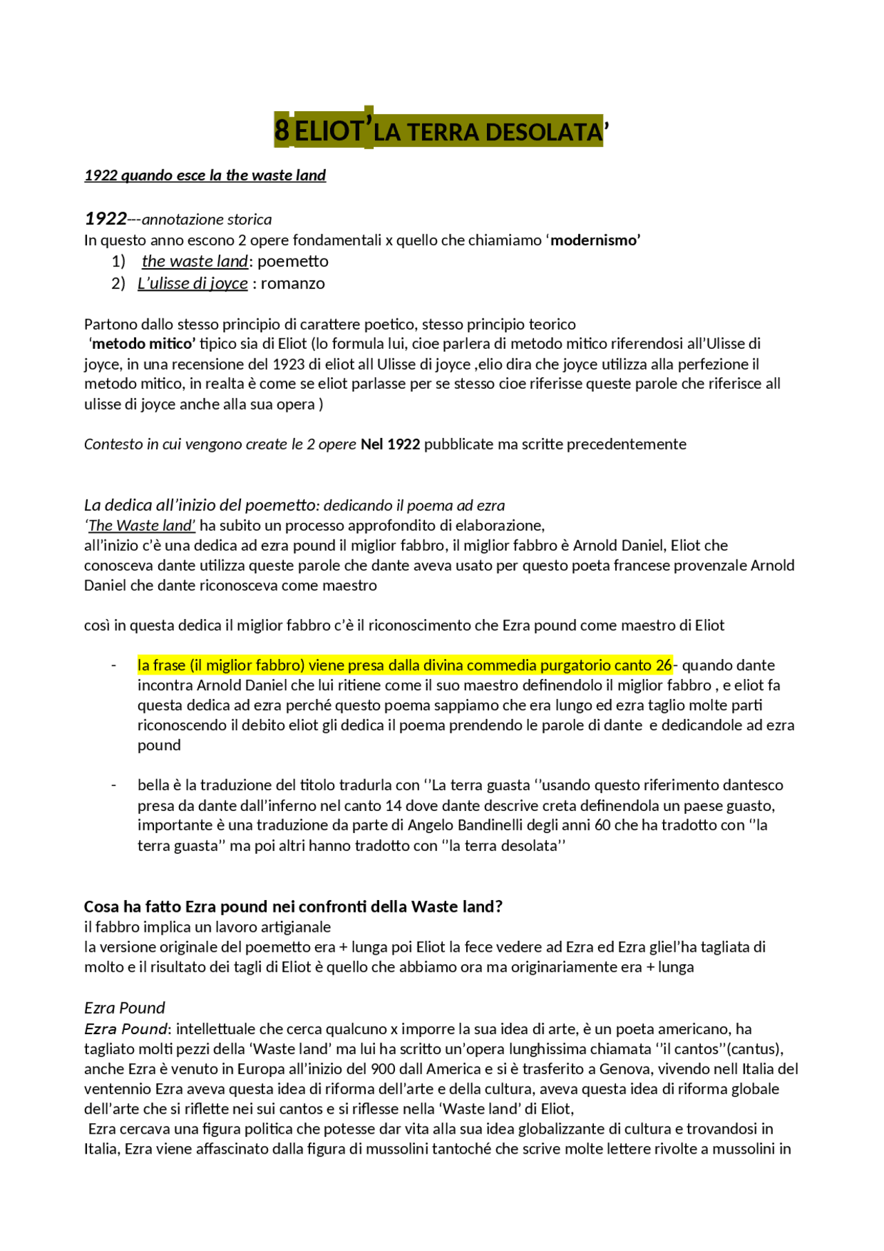 Eliot The Waste Land Docsity