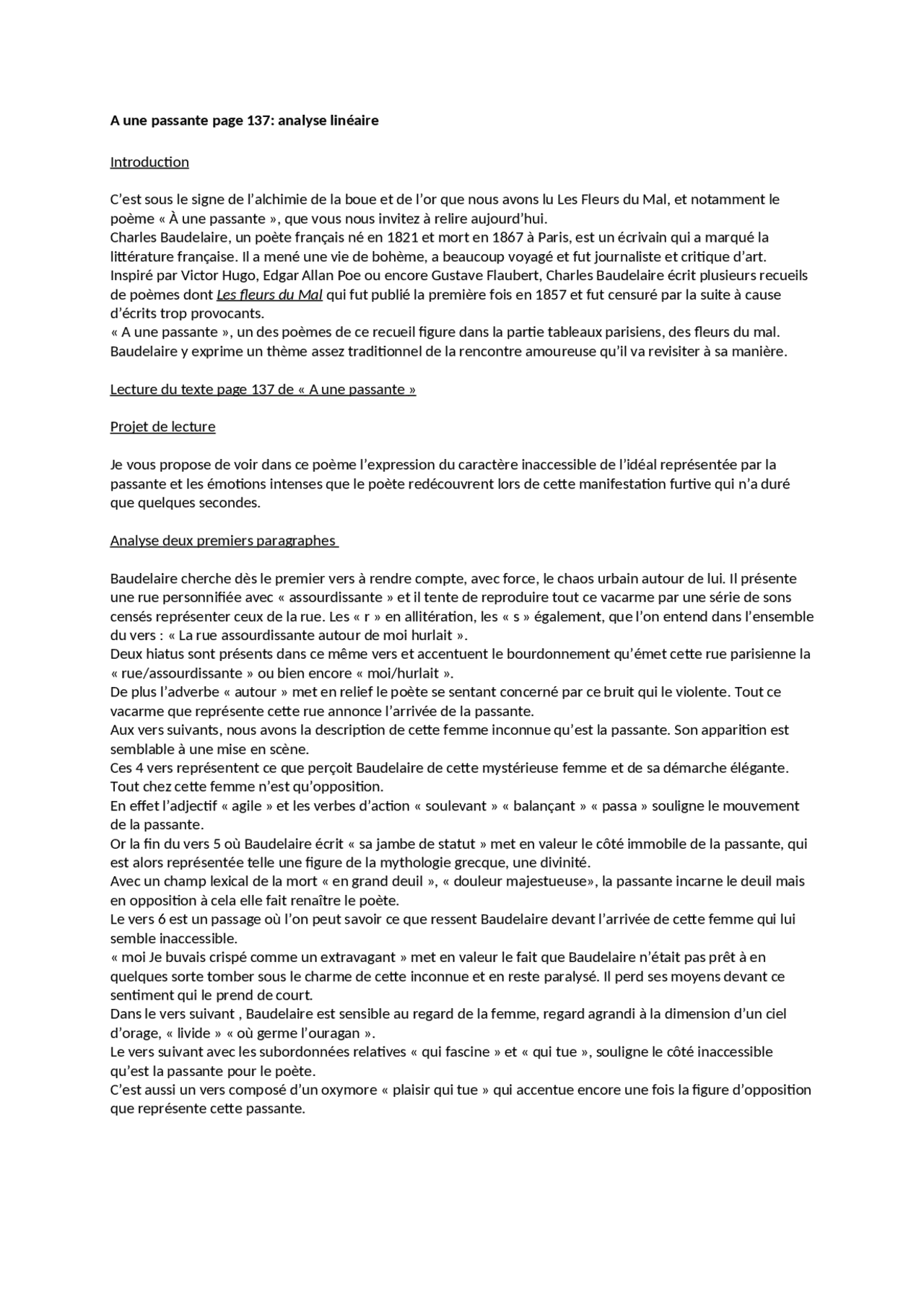 Analyse Lineaire A Une Passante A une passante étude linéaire | Examens Français | Docsity