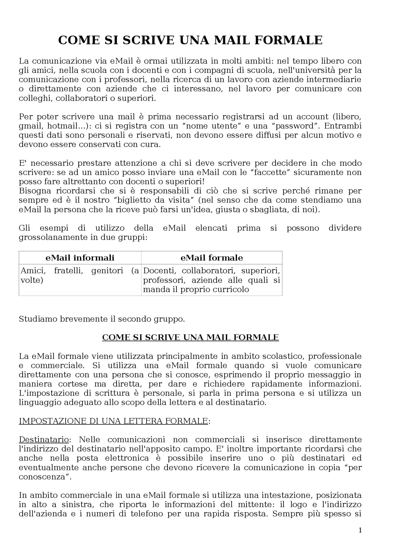 Italian Mail Format E MAIL FORMALE ED INFORMALE | Study notes of Italian | Docsity