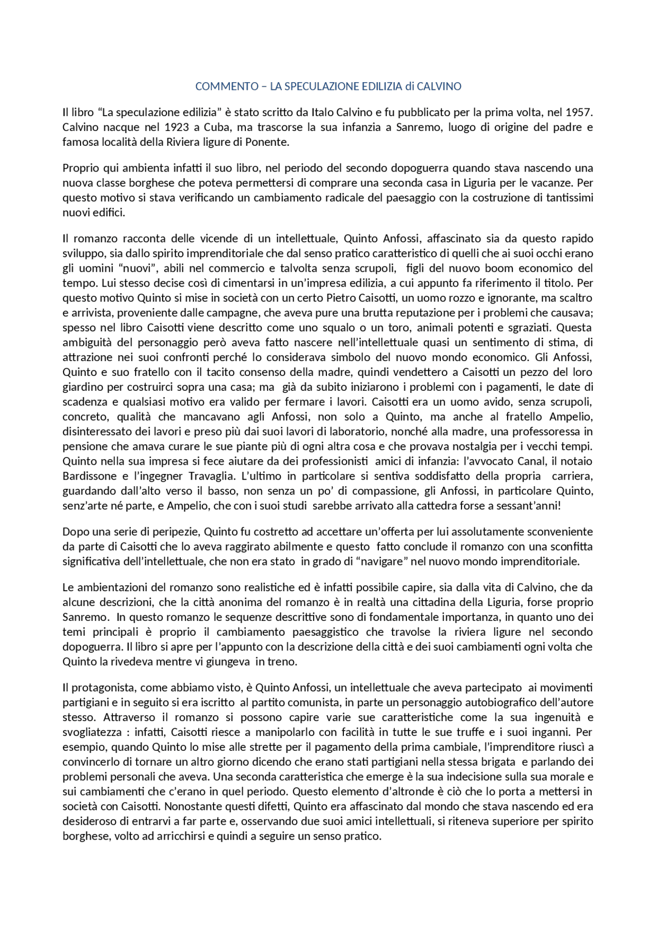 COMMENTO LA SPECULAZIONE EDILIZIA di Italo Calvino Docsity