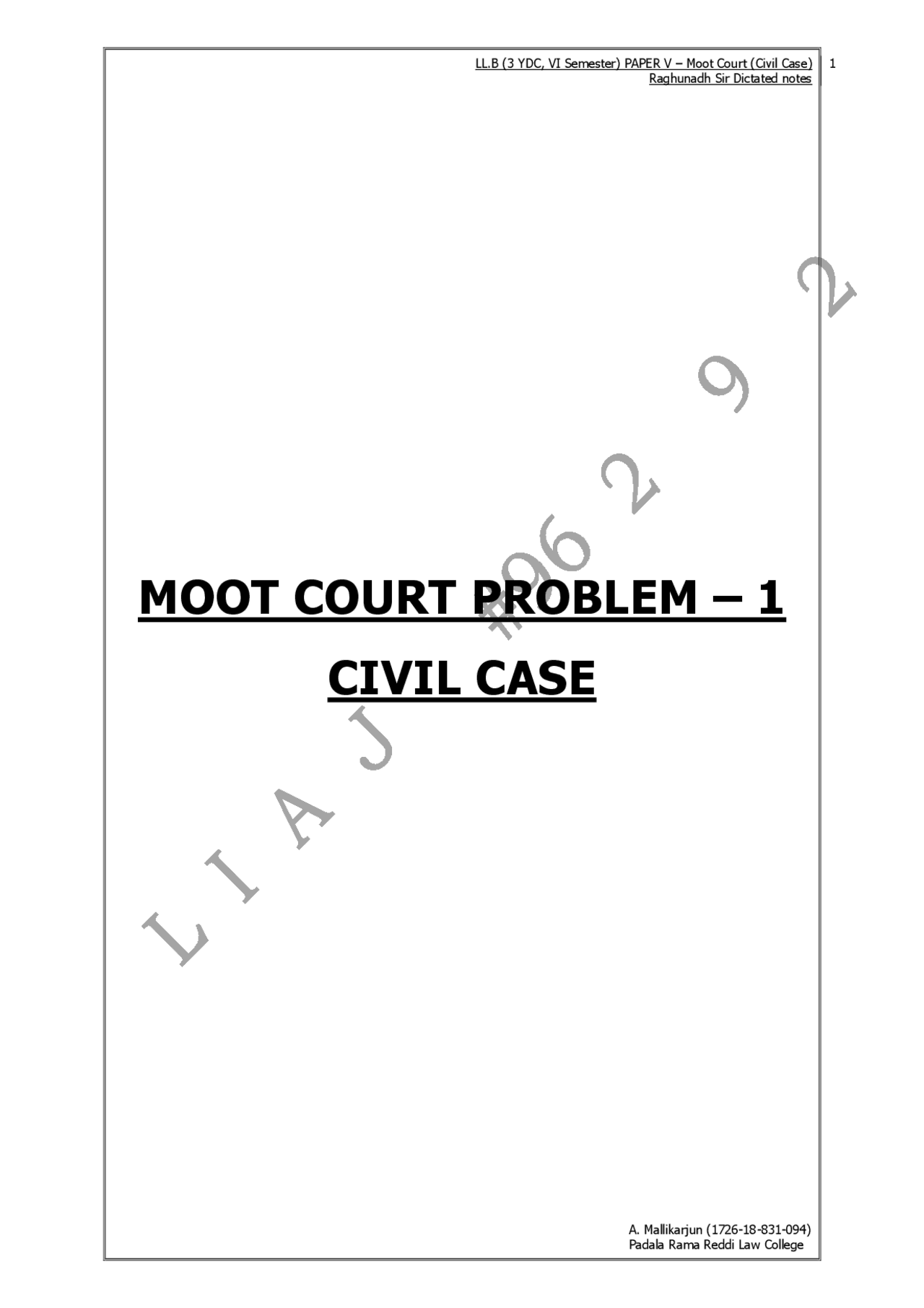 Moot Court Exercises No.1 - Civil Case | Assignments Law | Docsity
