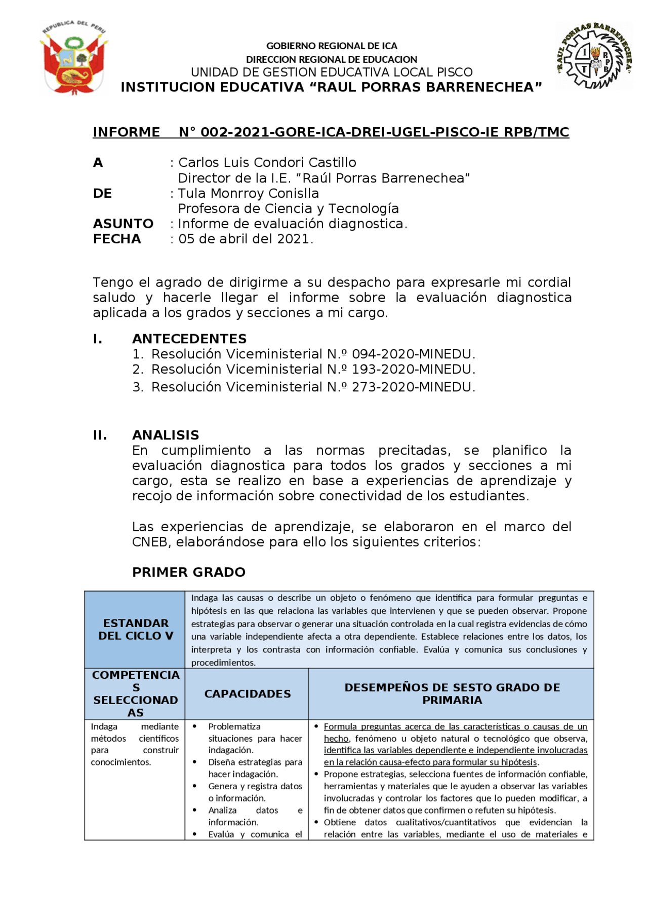 Informe de evaluacion diagnostica. Docsity
