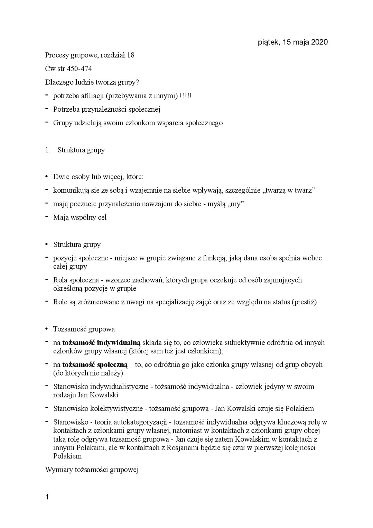 Procesy grupowe Wojciszke | Opracowania Psychologia społeczna | Docsity