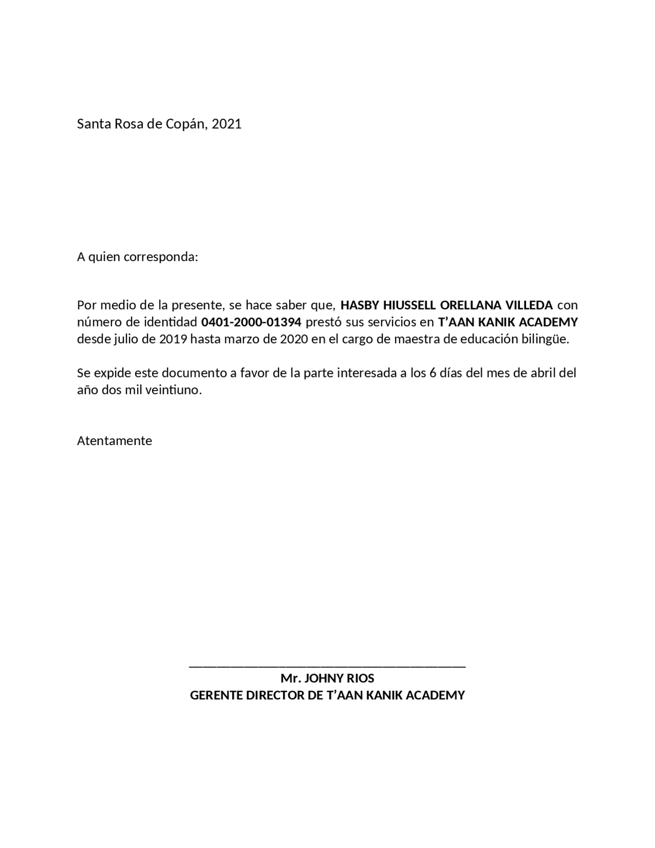 Ejemplo de constancia laboral Docsity