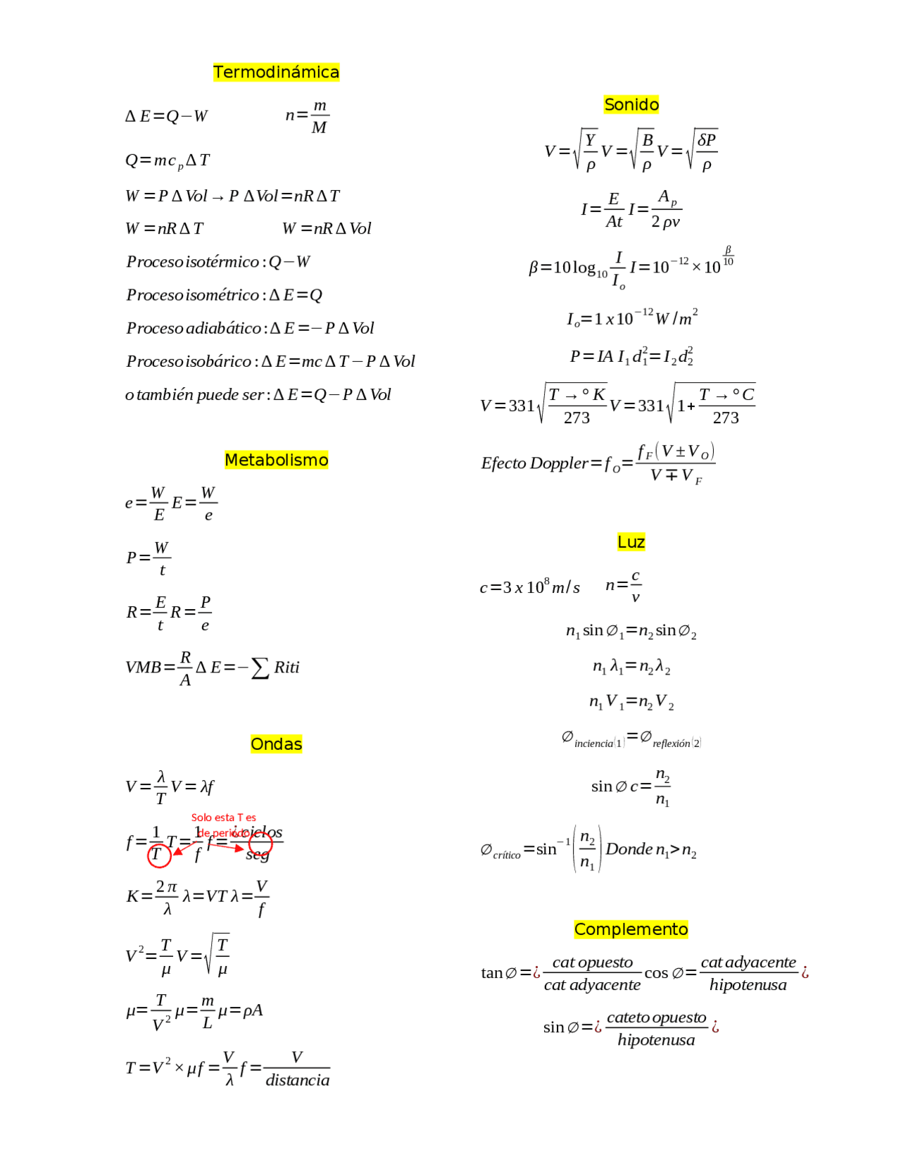 Modulo Formuals Fórmulas del quinto módulo de física - Docsity
