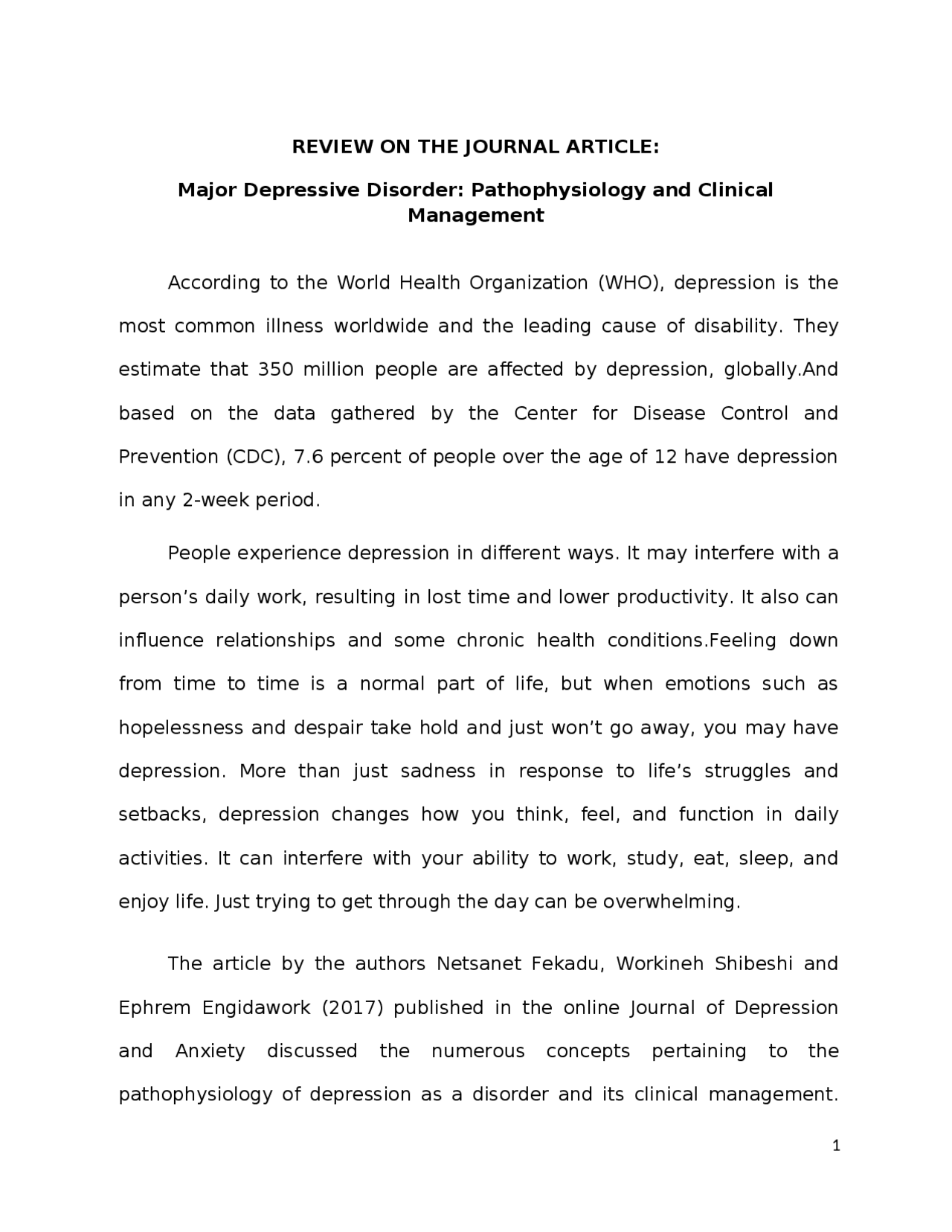Journal review Major Depressive Disorder: Pathophysiology and Clinical ...