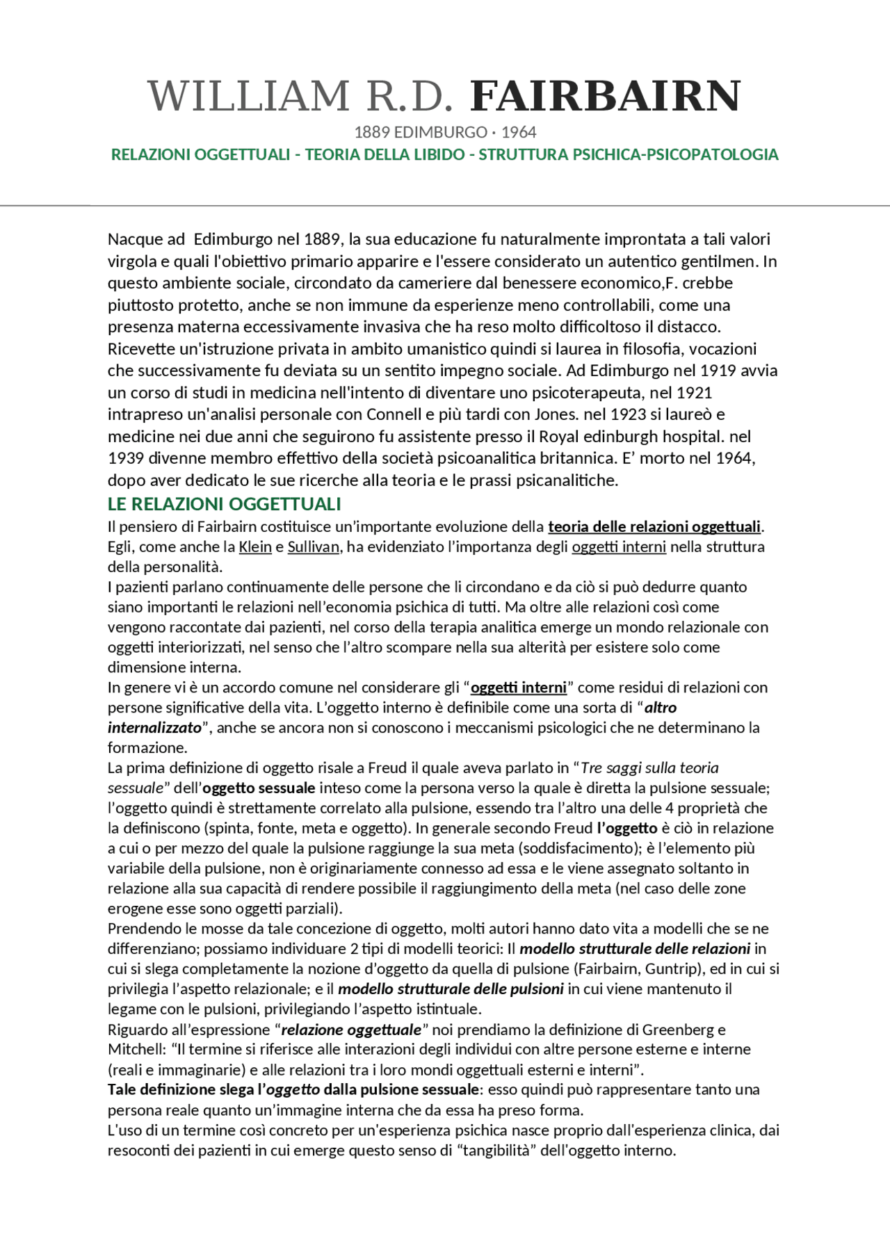 WILLIAM R.D. FAIRBAIRN RIASSUNTO CAROTENUTO | Sintesi del ...