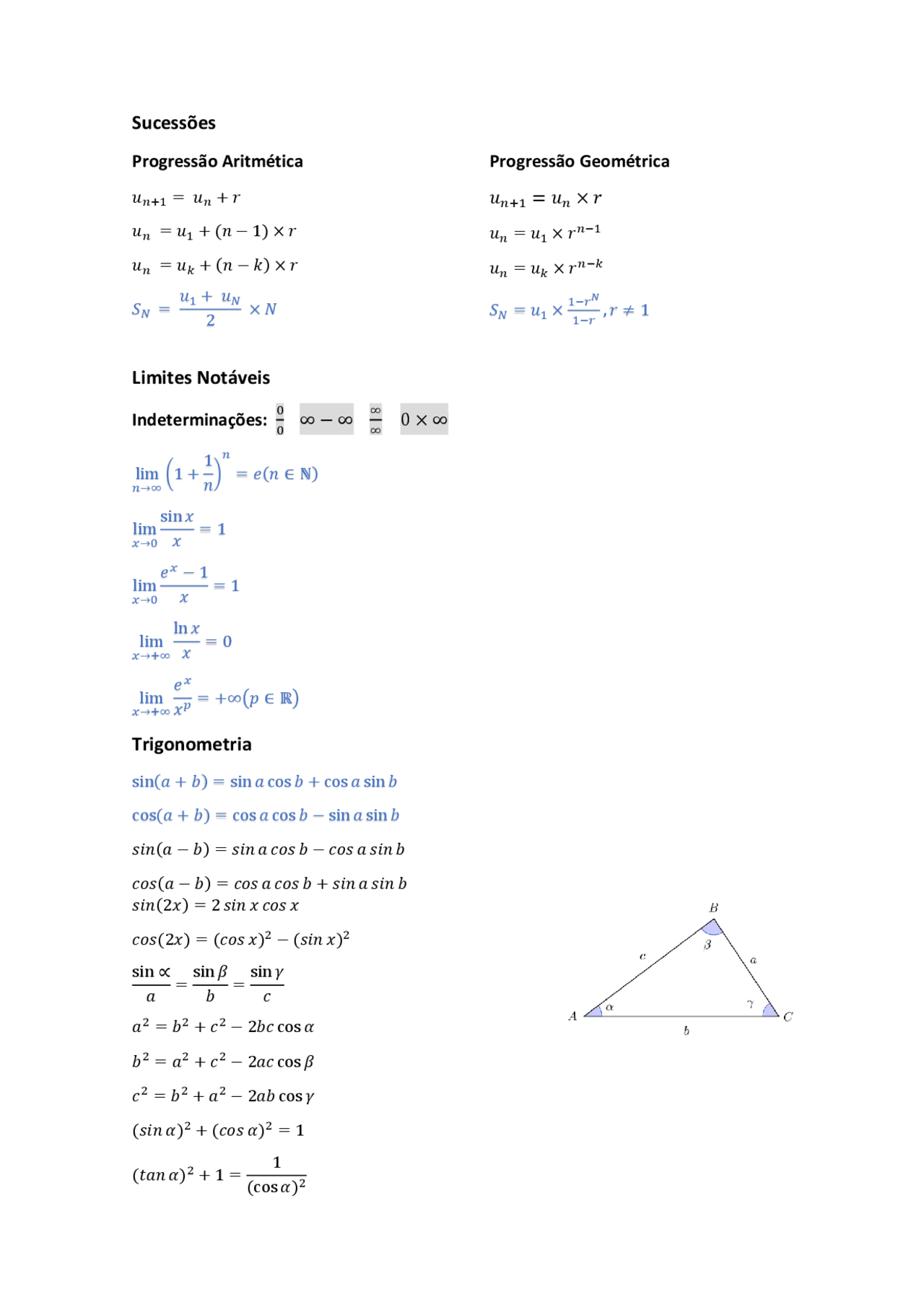 Fórmulas Matemática Exame 12º Ano | Notas de estudo Matemática | Docsity