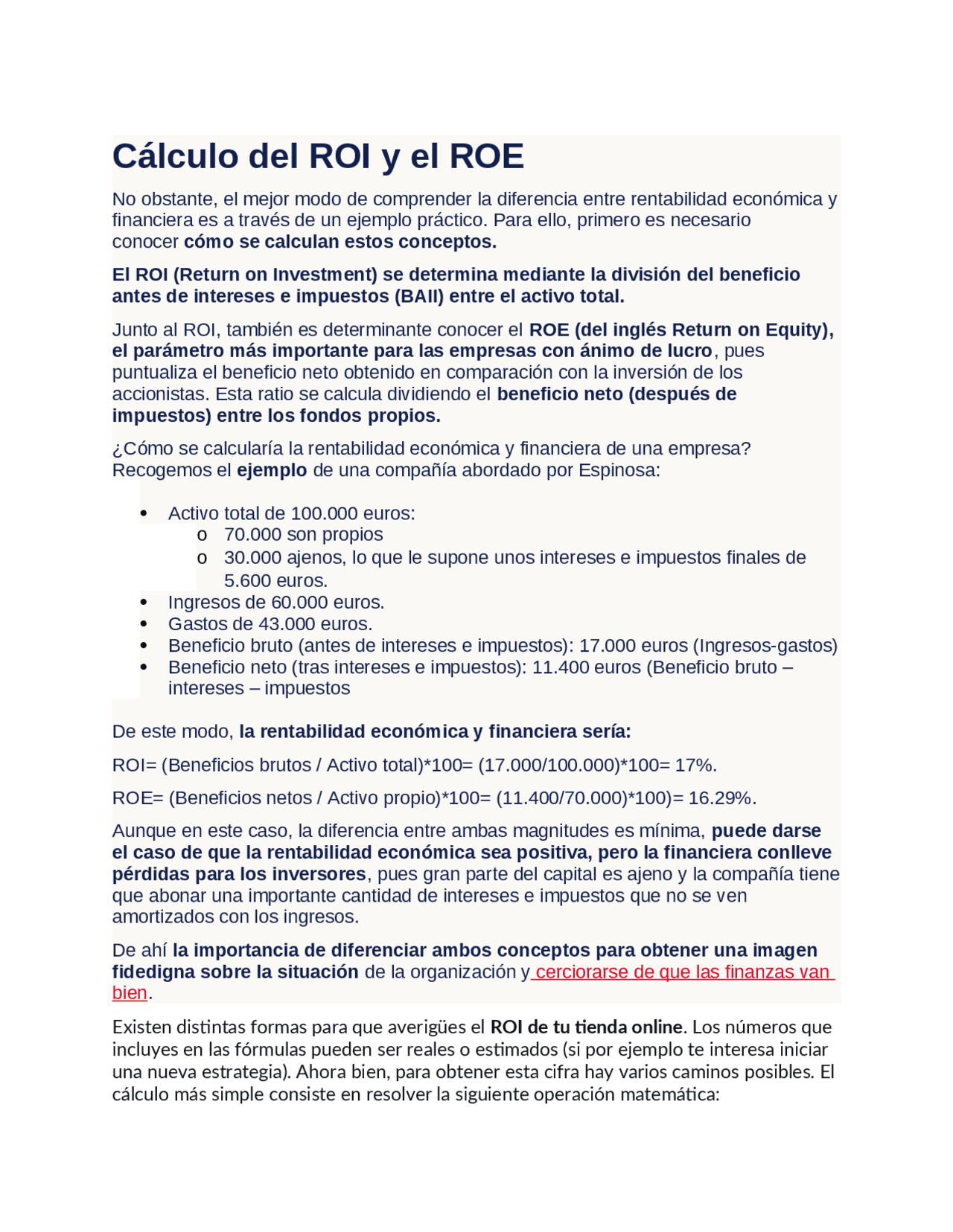 Calculo Do Roa Roe Calculo del roe y del roi - Docsity