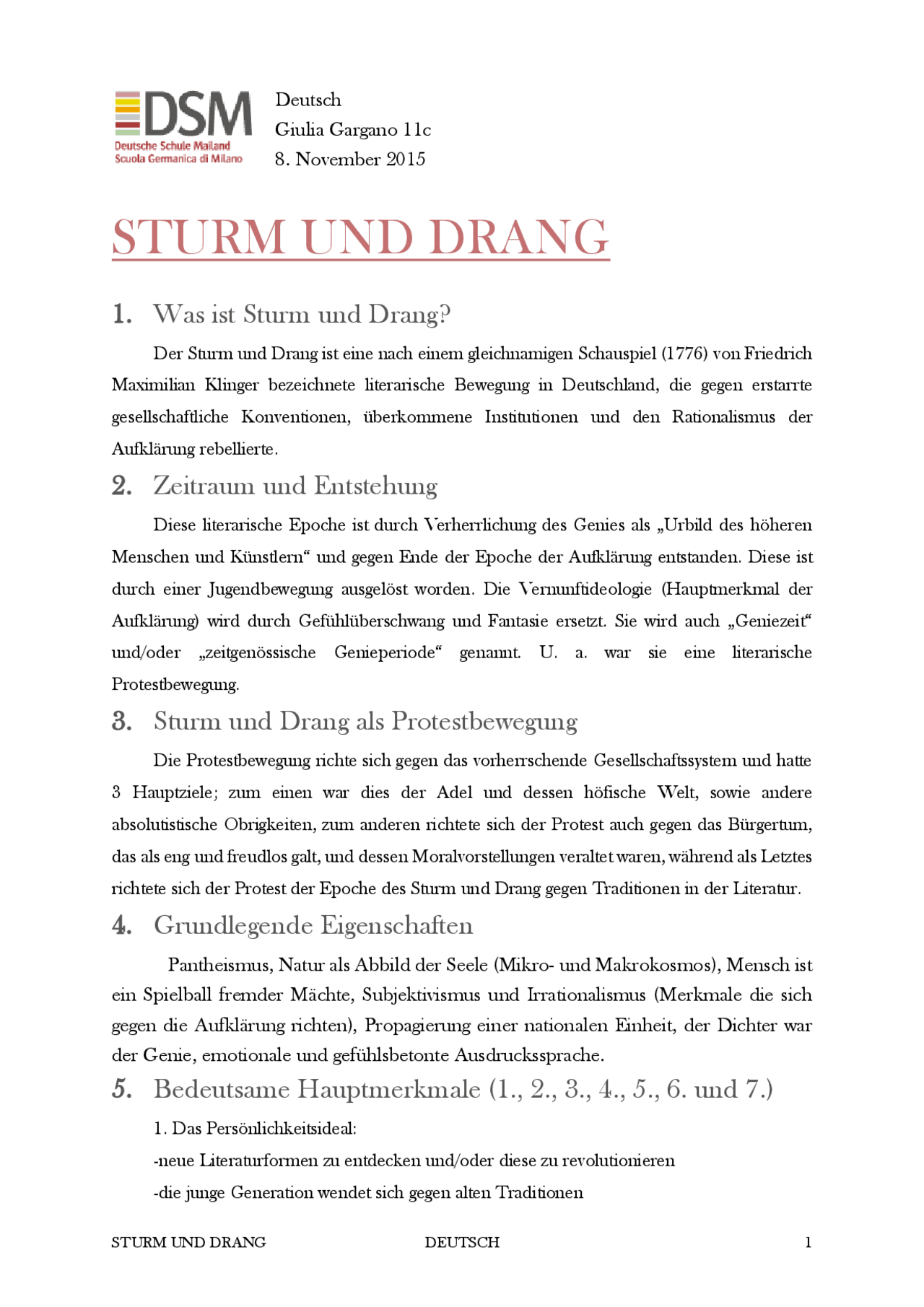 Riassunto STURM UND DRANG Sintesi del corso di Letteratura Tedesca