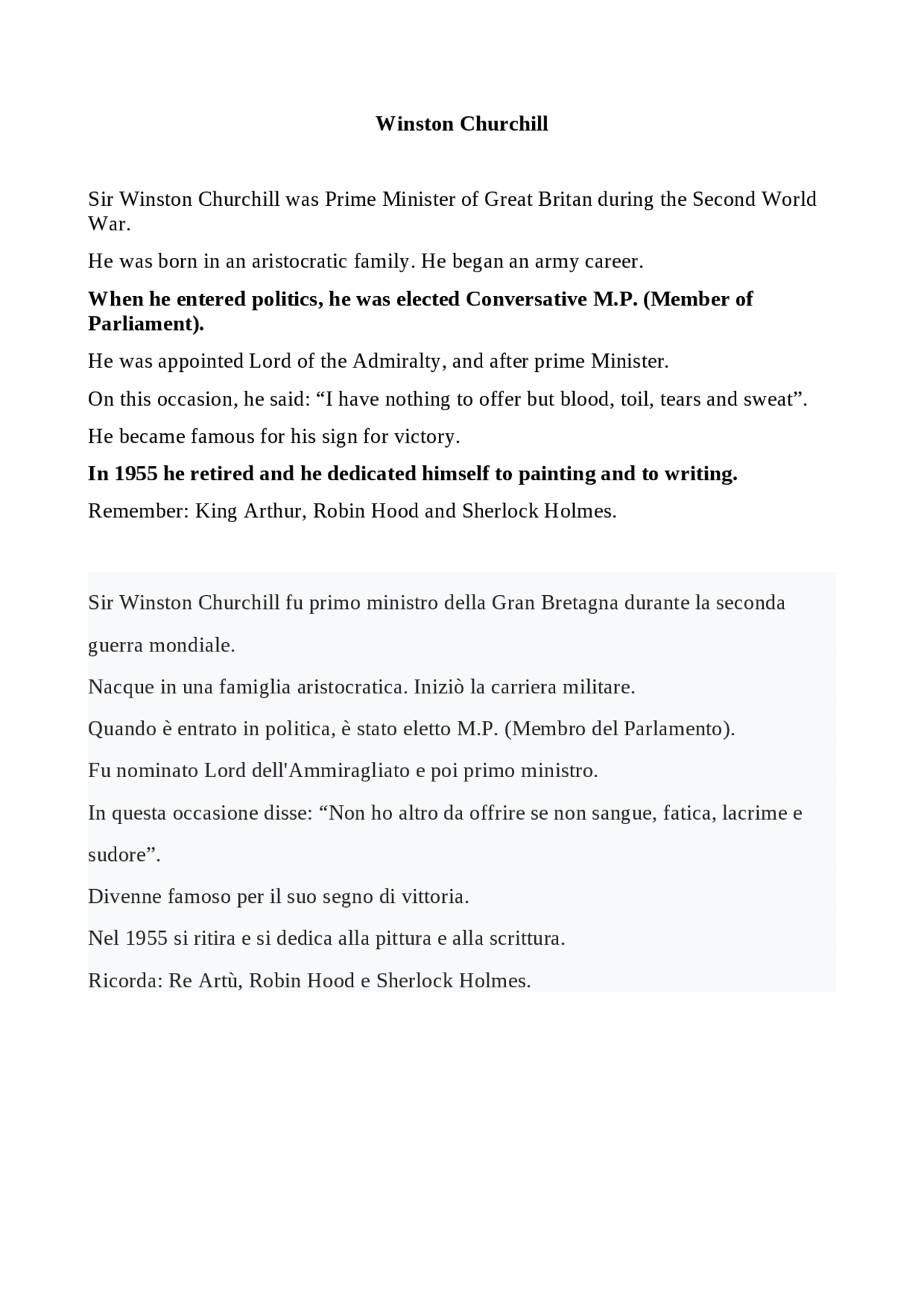 Riassunto WINSTON CHURCHILL con traduzione. INGLESE Sintesi del corso di Inglese Docsity