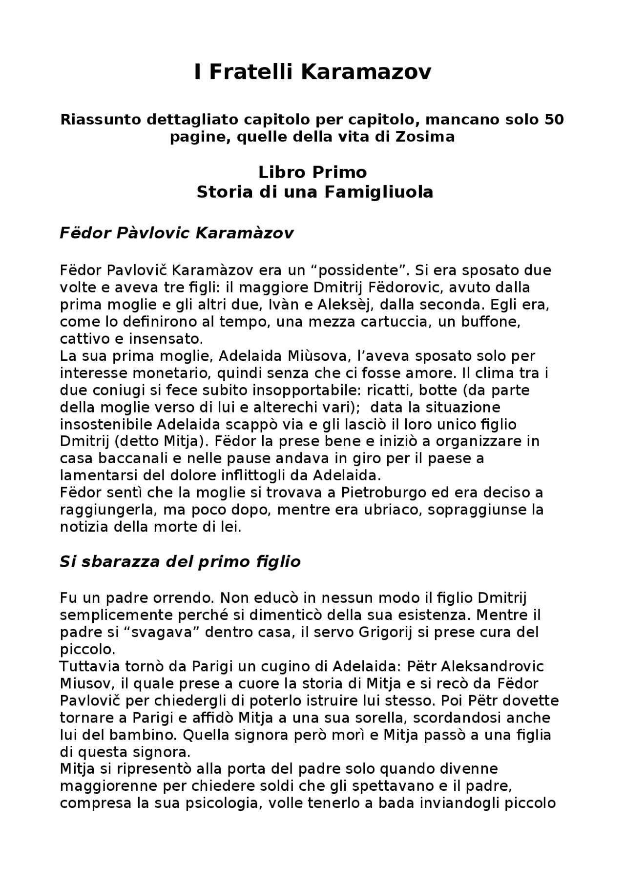 I Fratelli Karamazov. Riassunto capitolo per