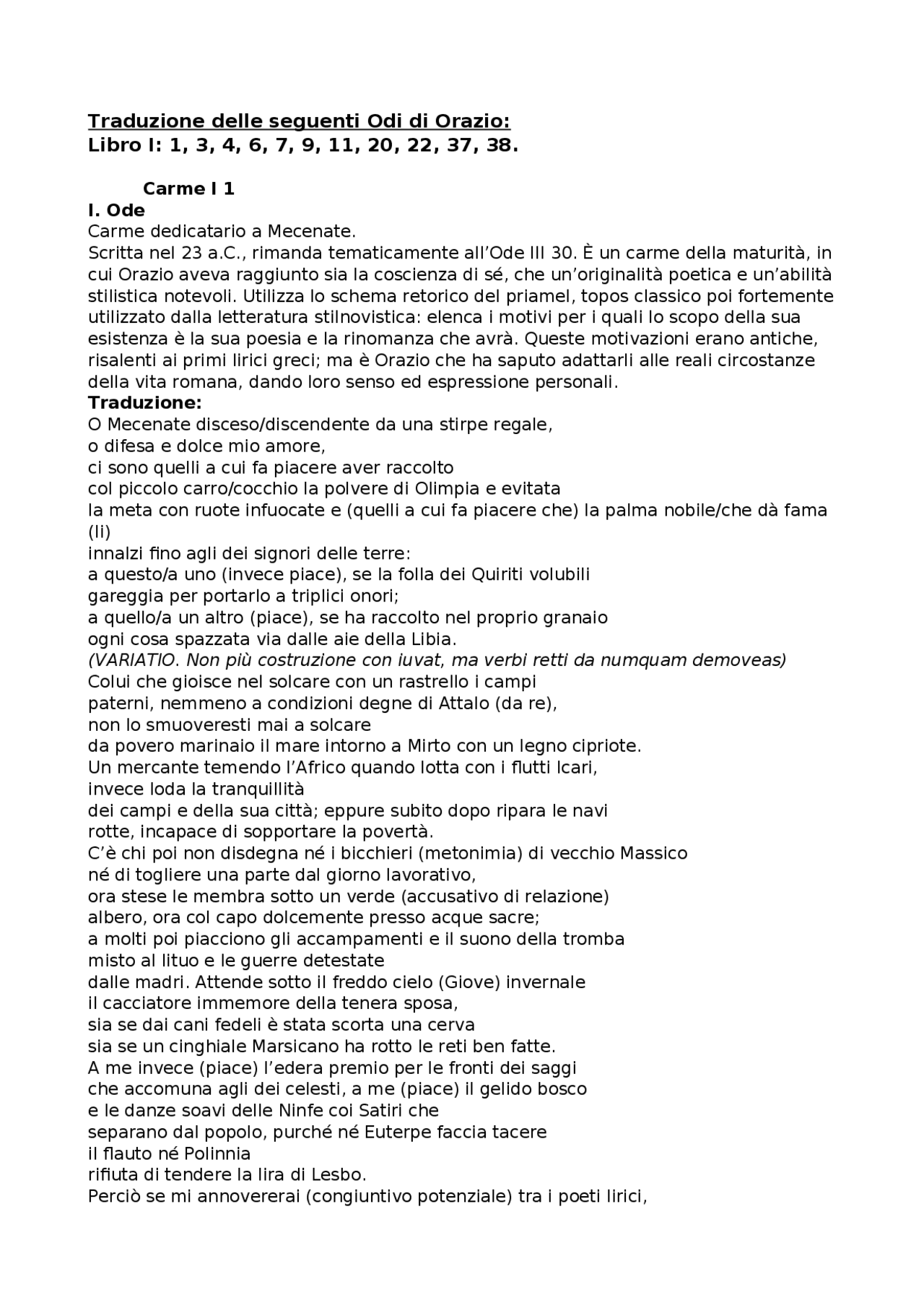 I libro di Orazio tradotto | Traduzioni di Letteratura latina - Docsity