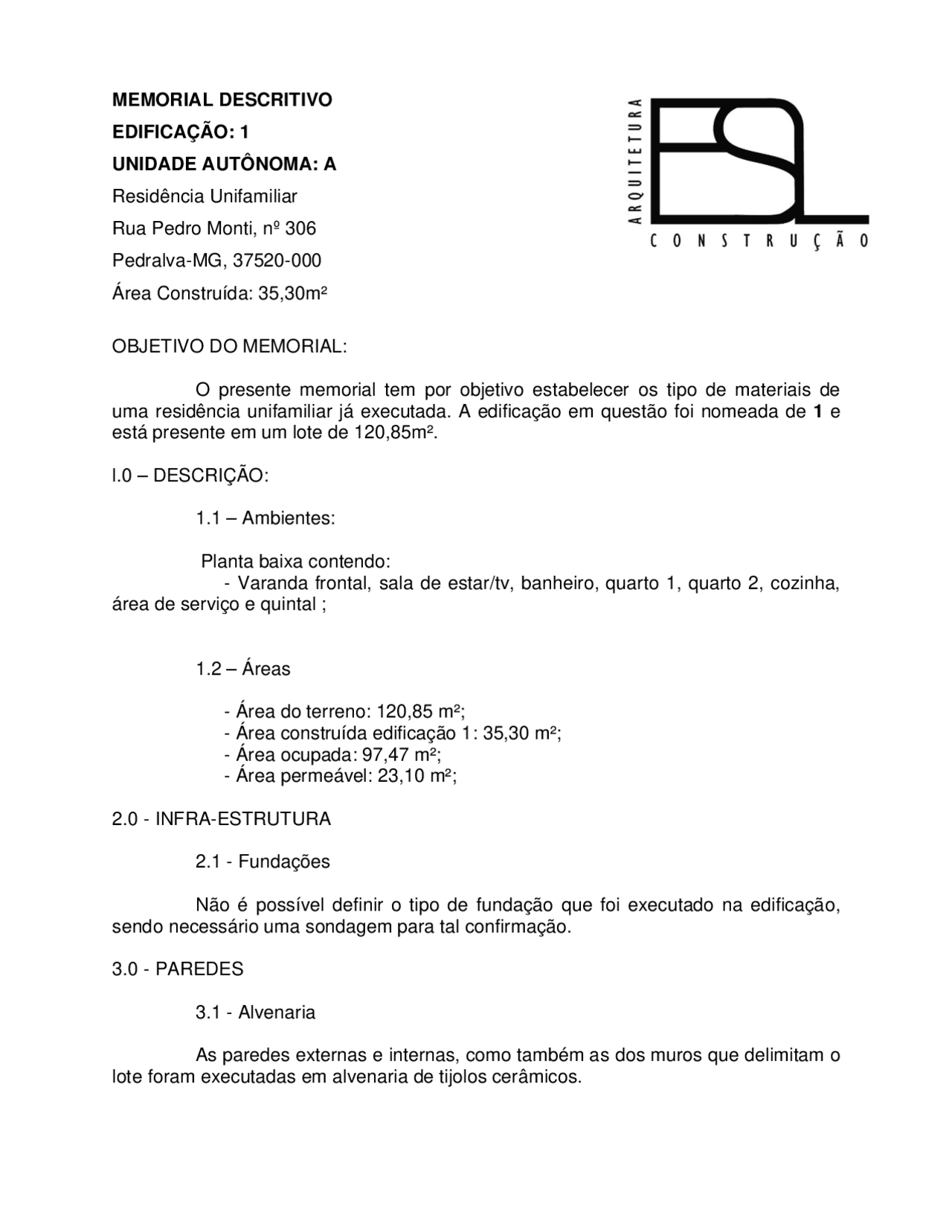 Memorial descritivo edificacao - Docsity