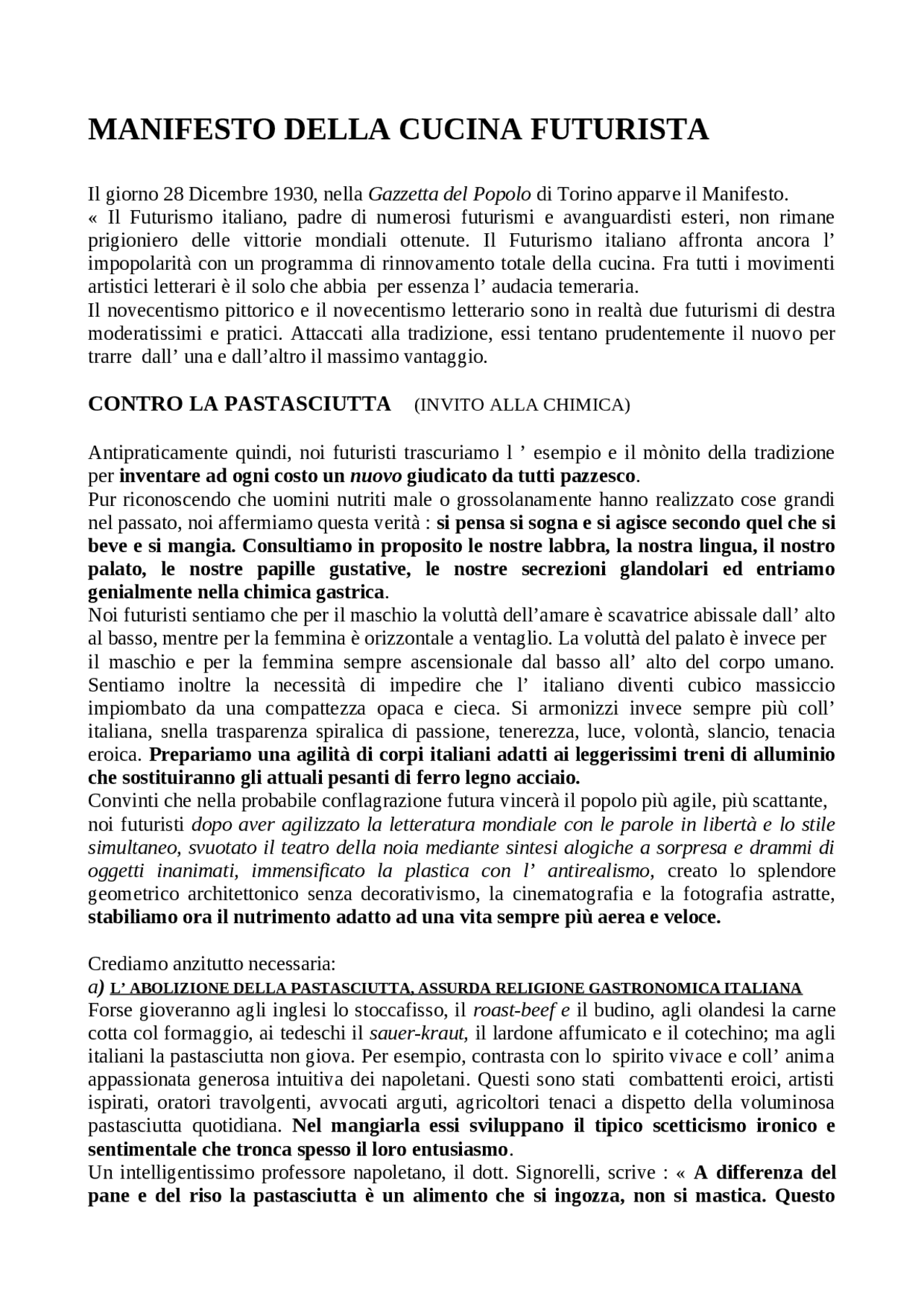 Il Manifesto della Cucina futurista Docsity