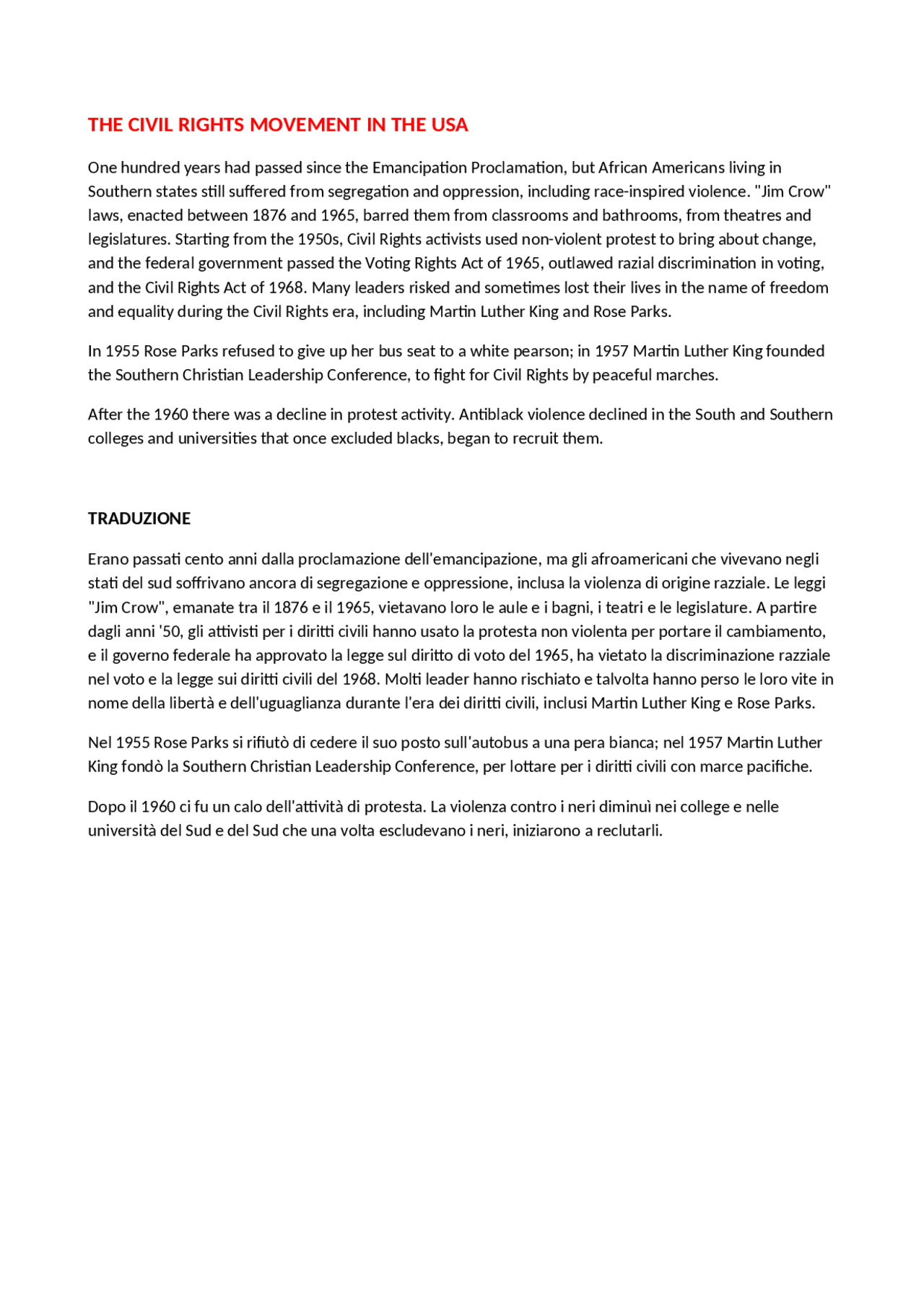 Riassunto The Civil Rights Movement in the USA - Docsity