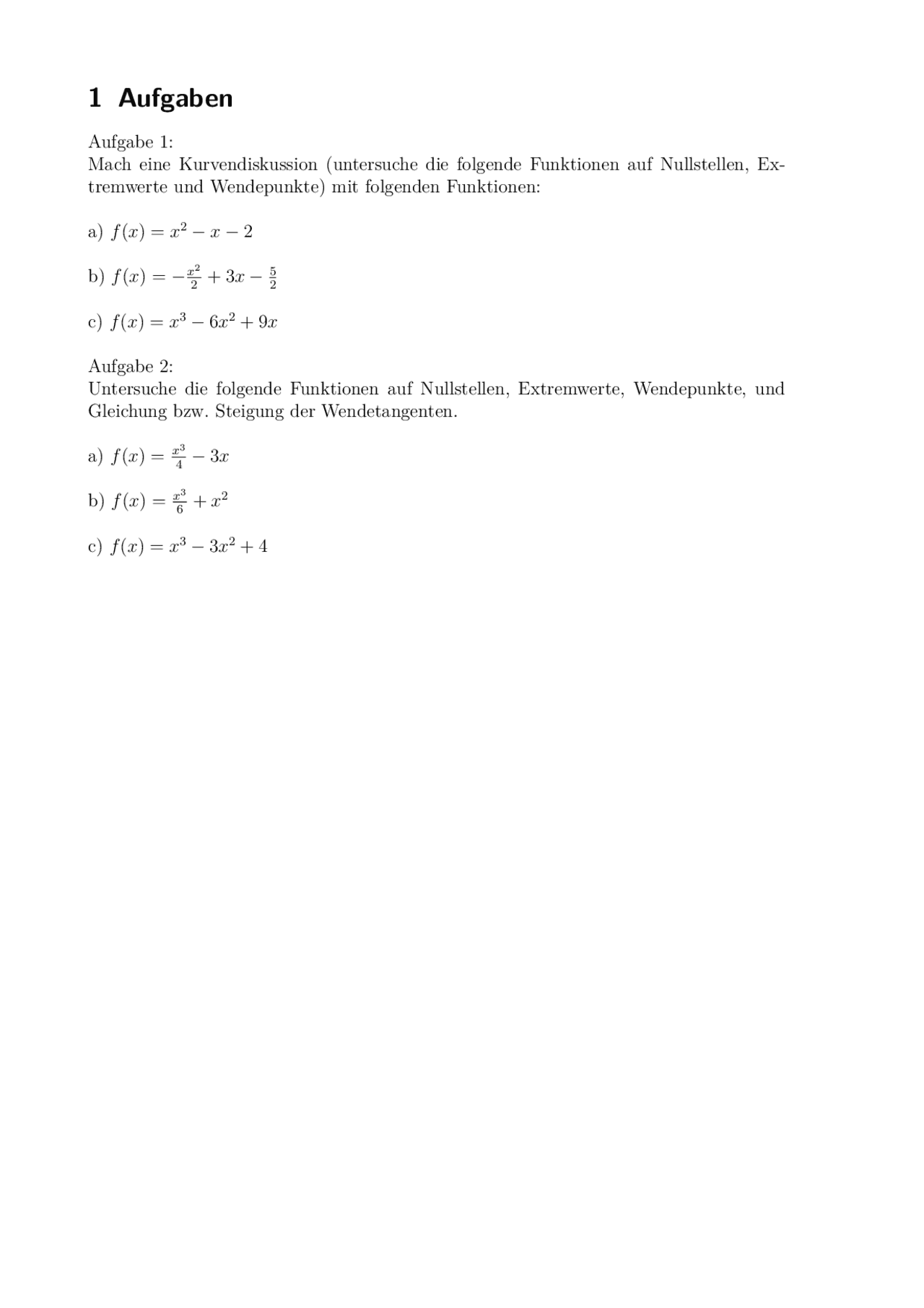 Kurvendiskussion Aufgaben Mit Lösungen Pdf Aufgaben zur kurvendiskussion mit Lösung - Docsity