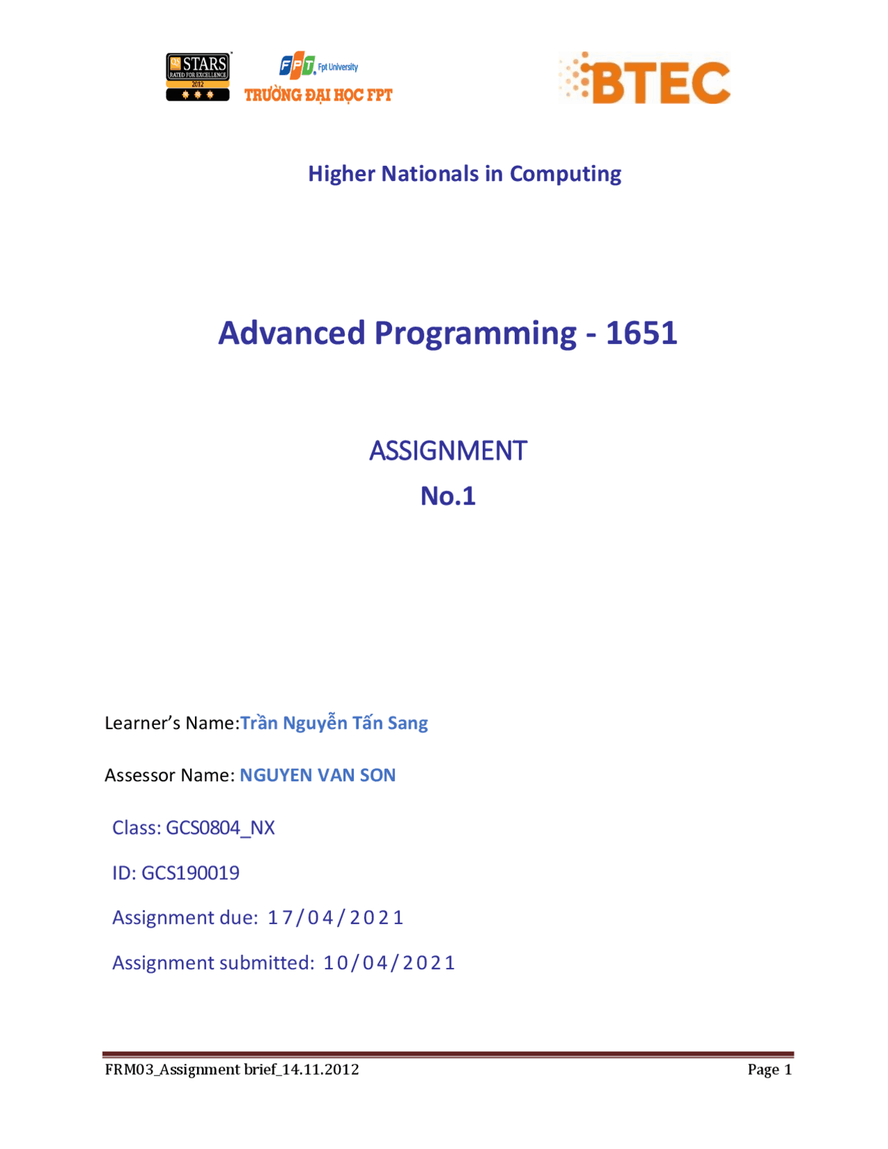 Advanced Programming - ASSIGNMENT 1 (Pass + Merit + Distintion ...