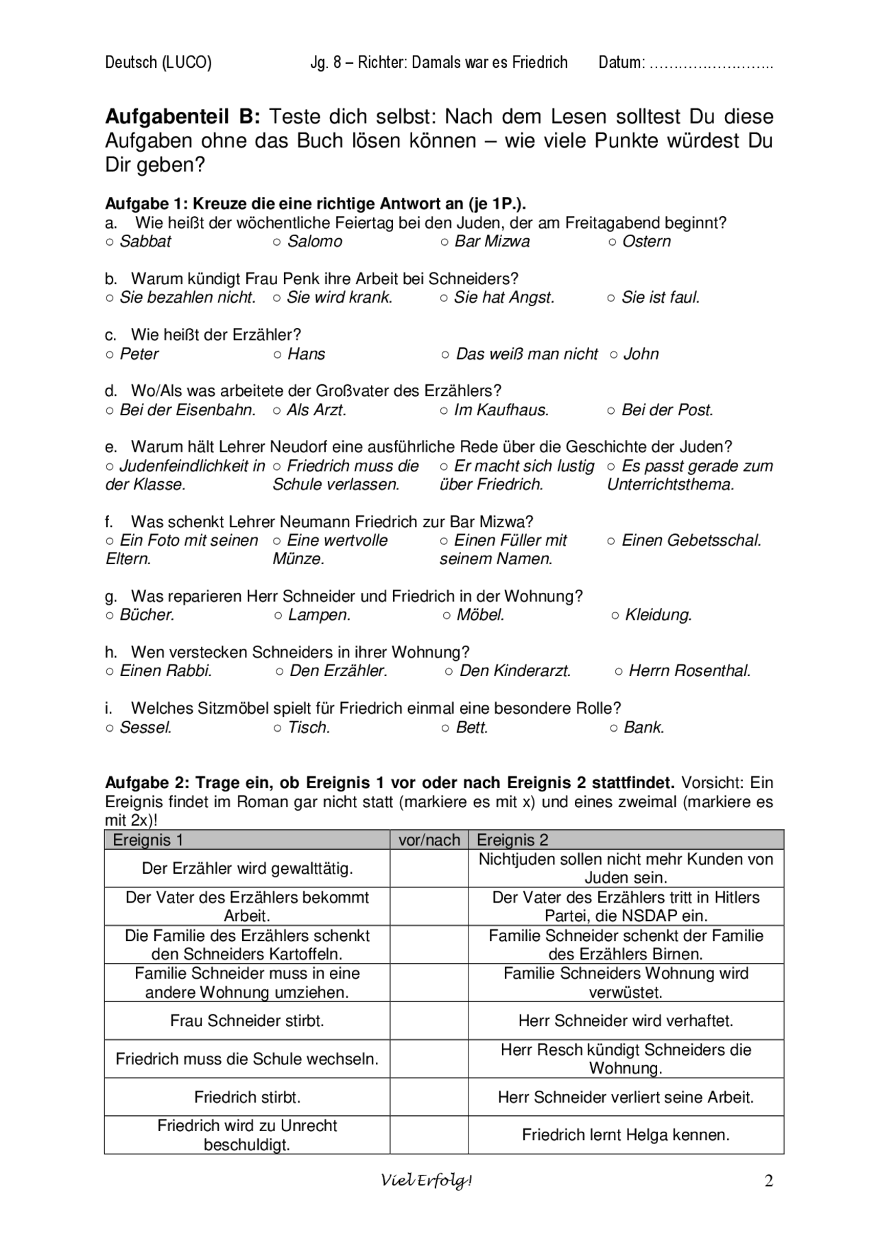 Arbeitsblatt: Damals war es Friedrich | Übungen Deutsch - Docsity
