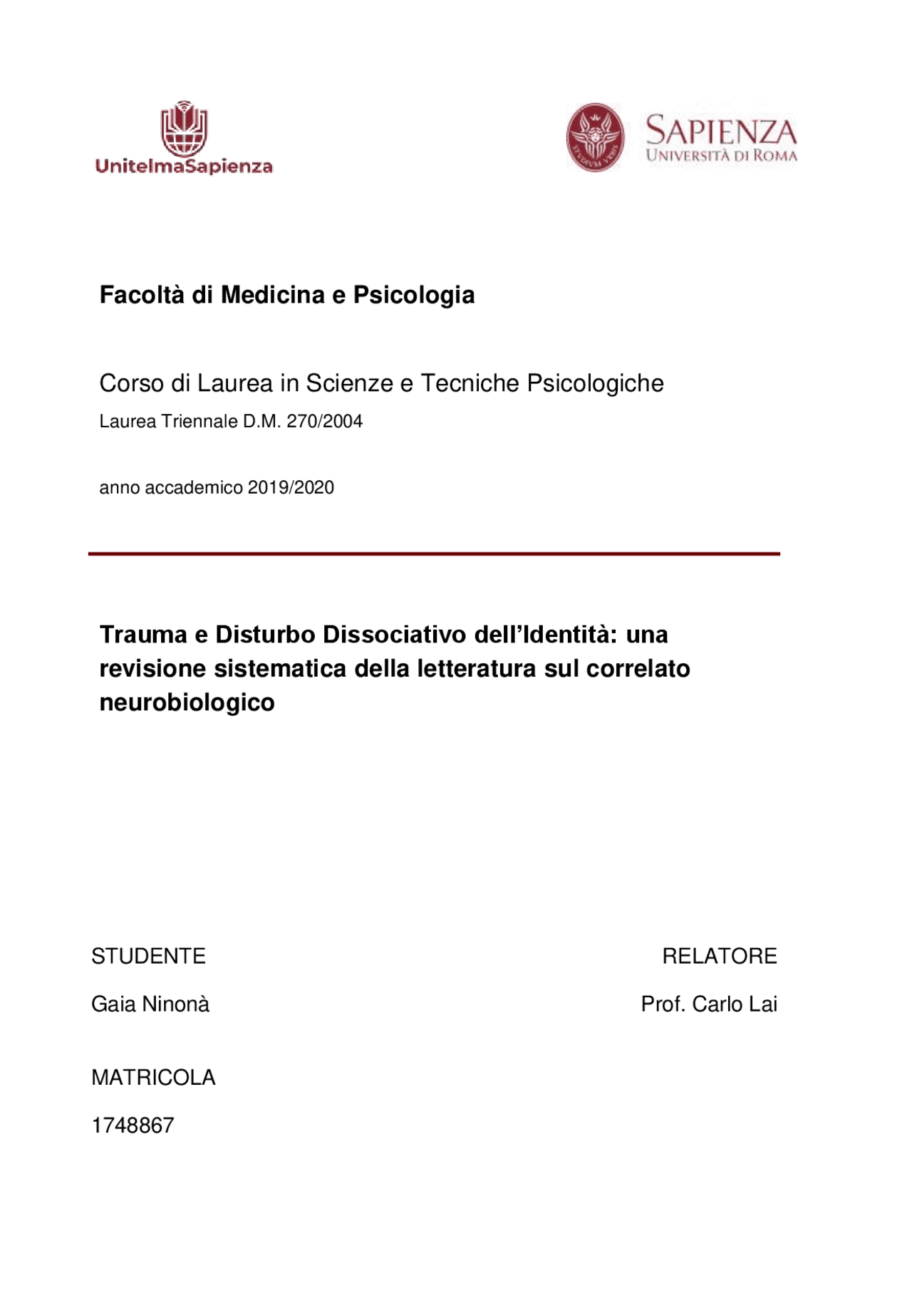Tesi su trauma e disturbo dissociativo dell'identità - Docsity