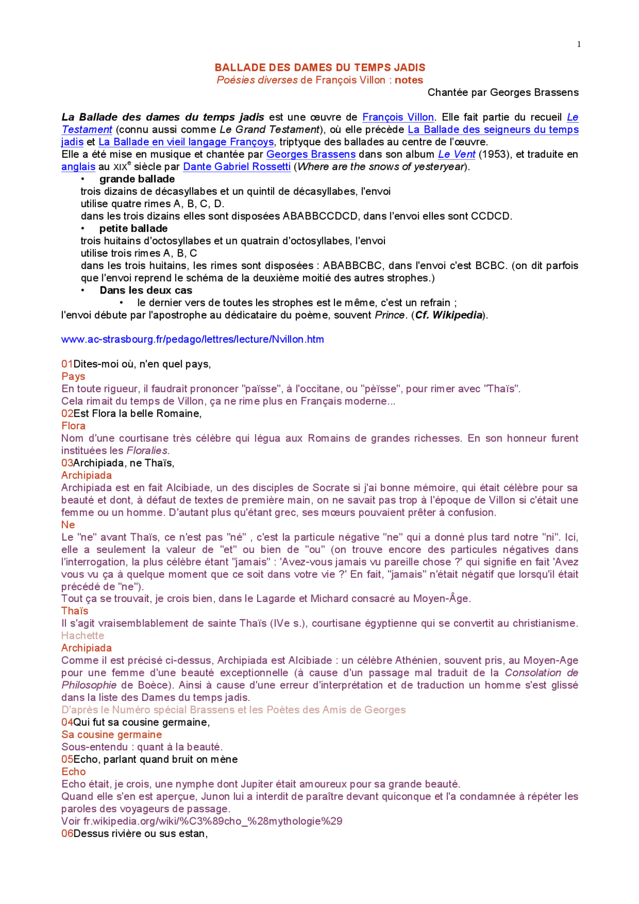 La Ballade des dames du temps jadis analyse Lectures Musique Docsity