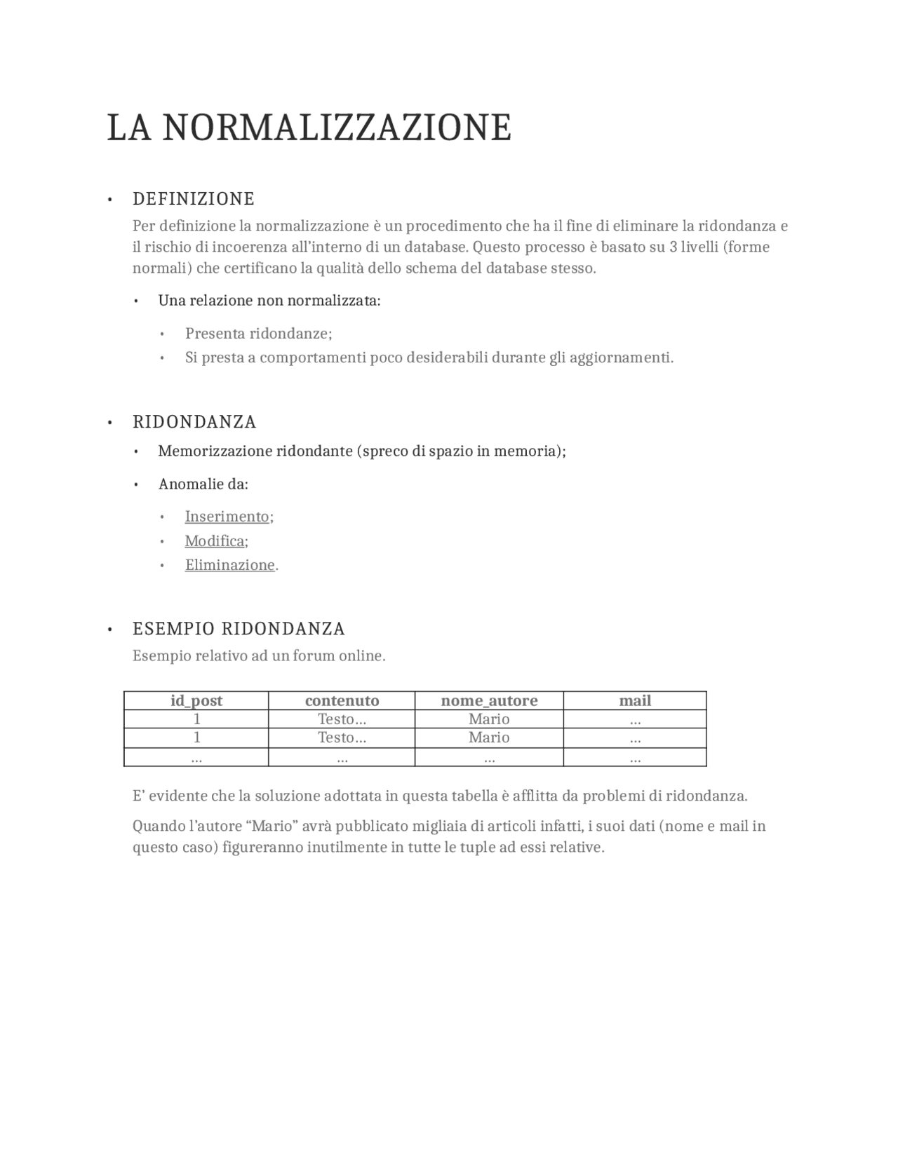 La Normalizzazione di una tabella, le Forme Normali Docsity