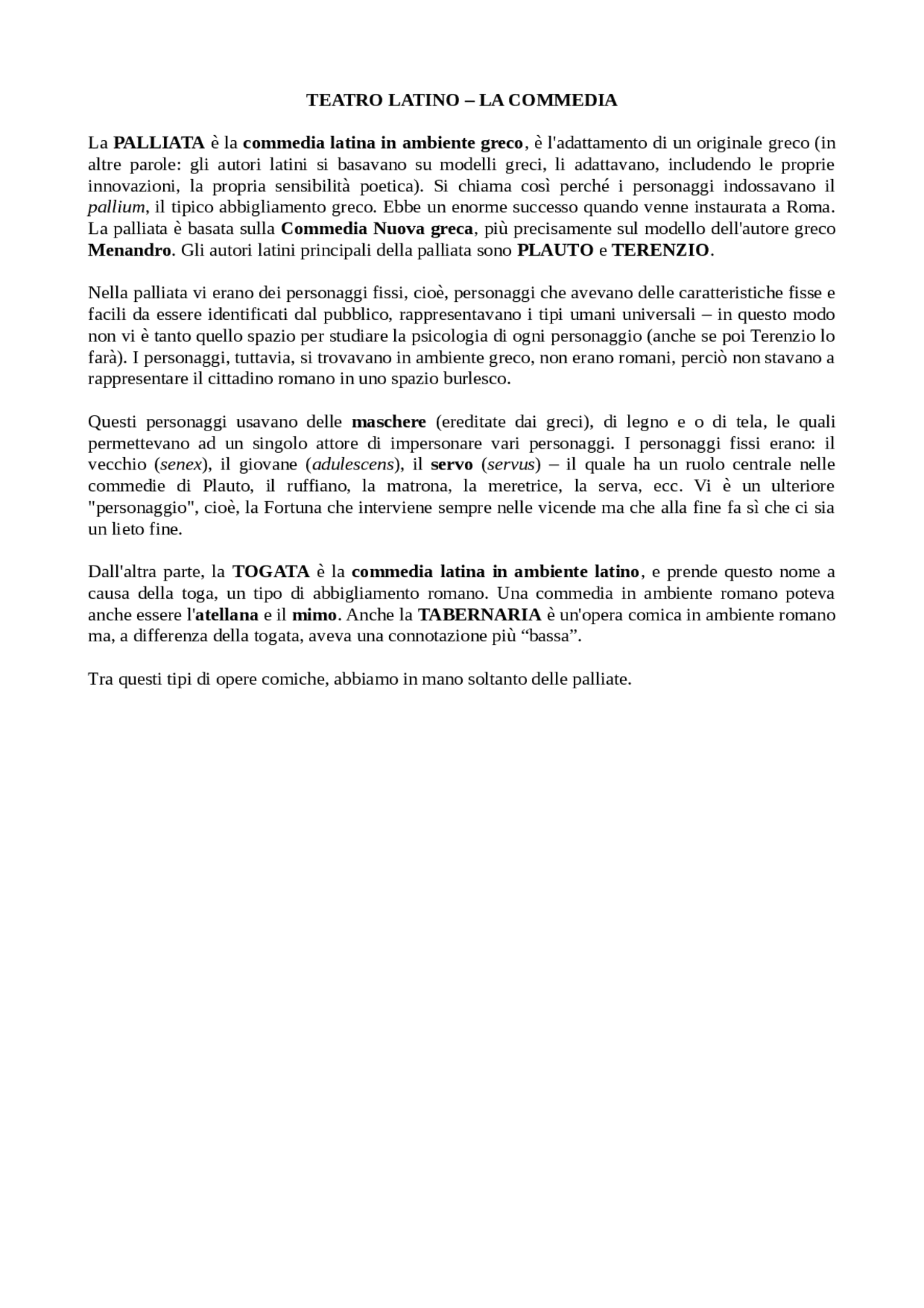 La Commedia Latina la PALLIATA e la TOGATA Docsity