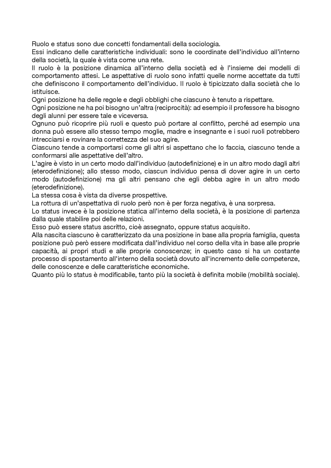 Definizione di ruolo e status Docsity