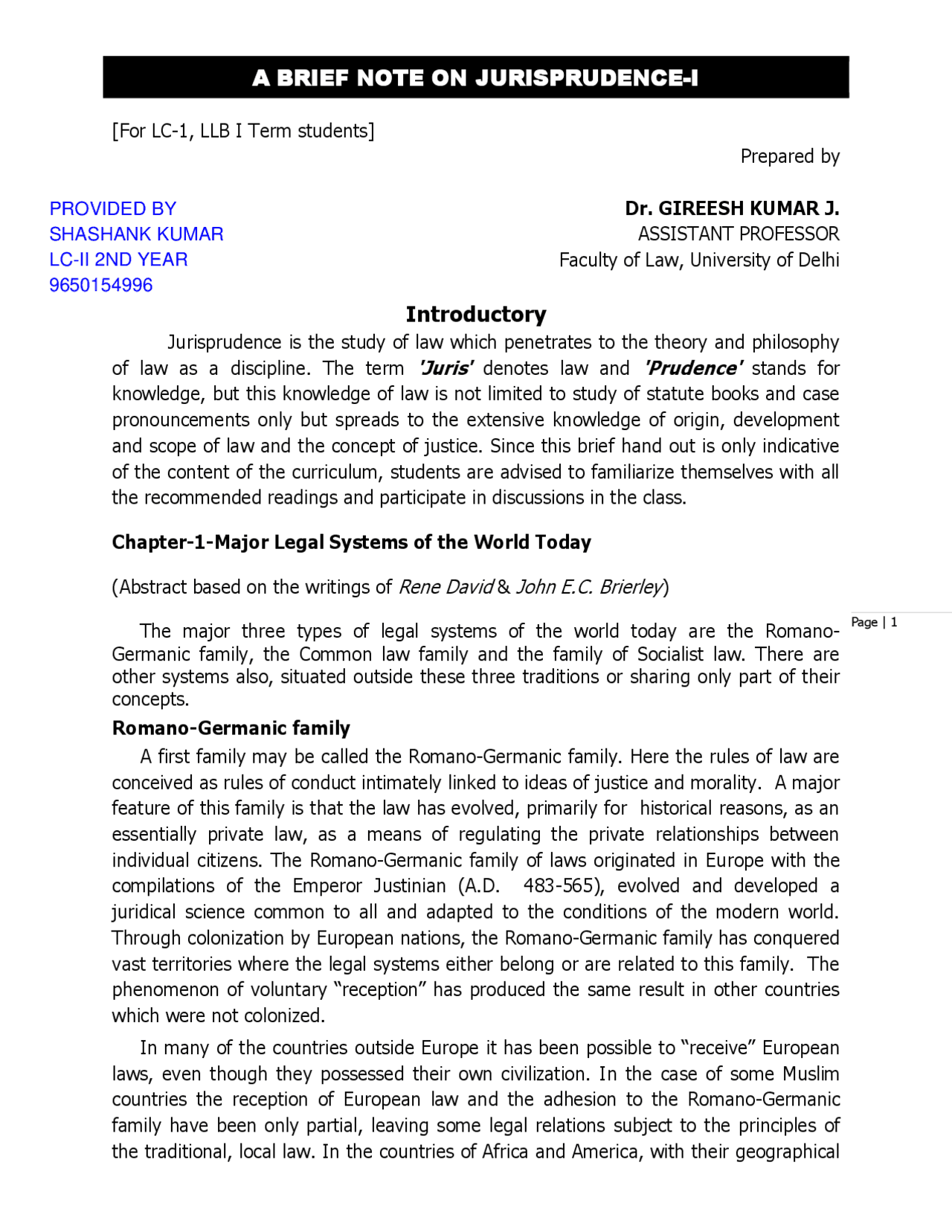A BRIEF NOTE ON JURISPRUDENCE I 1 Introductory Chapter 2 Our Legal