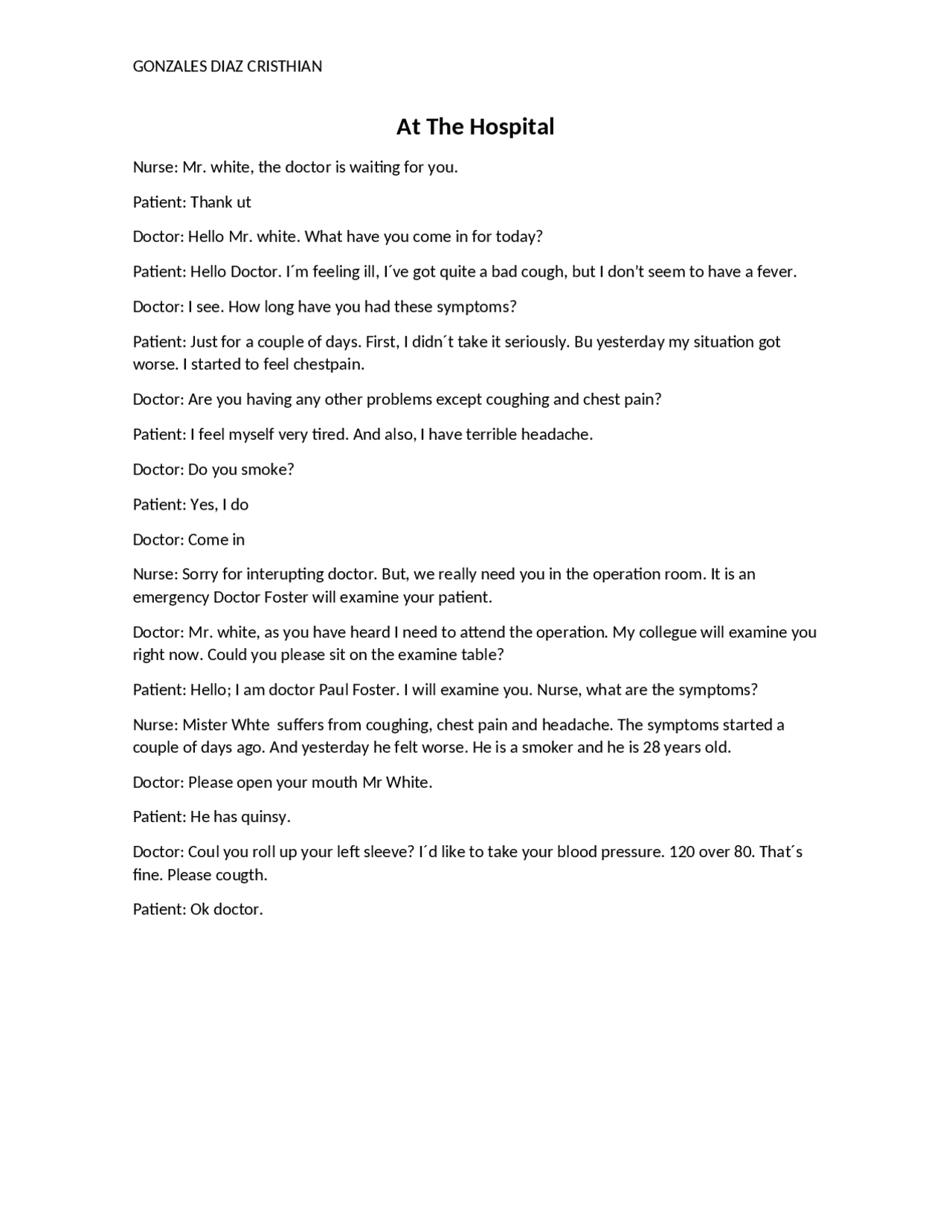 DIALOGO EN UN HOSPITAL EN INGLES Apuntes de Idioma Inglés Docsity