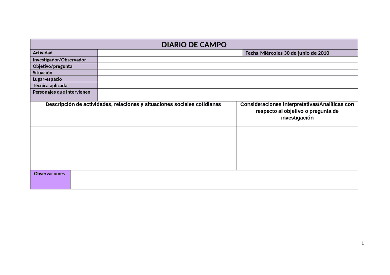 Formato de diario de campo | Ejercicios de Trabajo Social | Docsity
