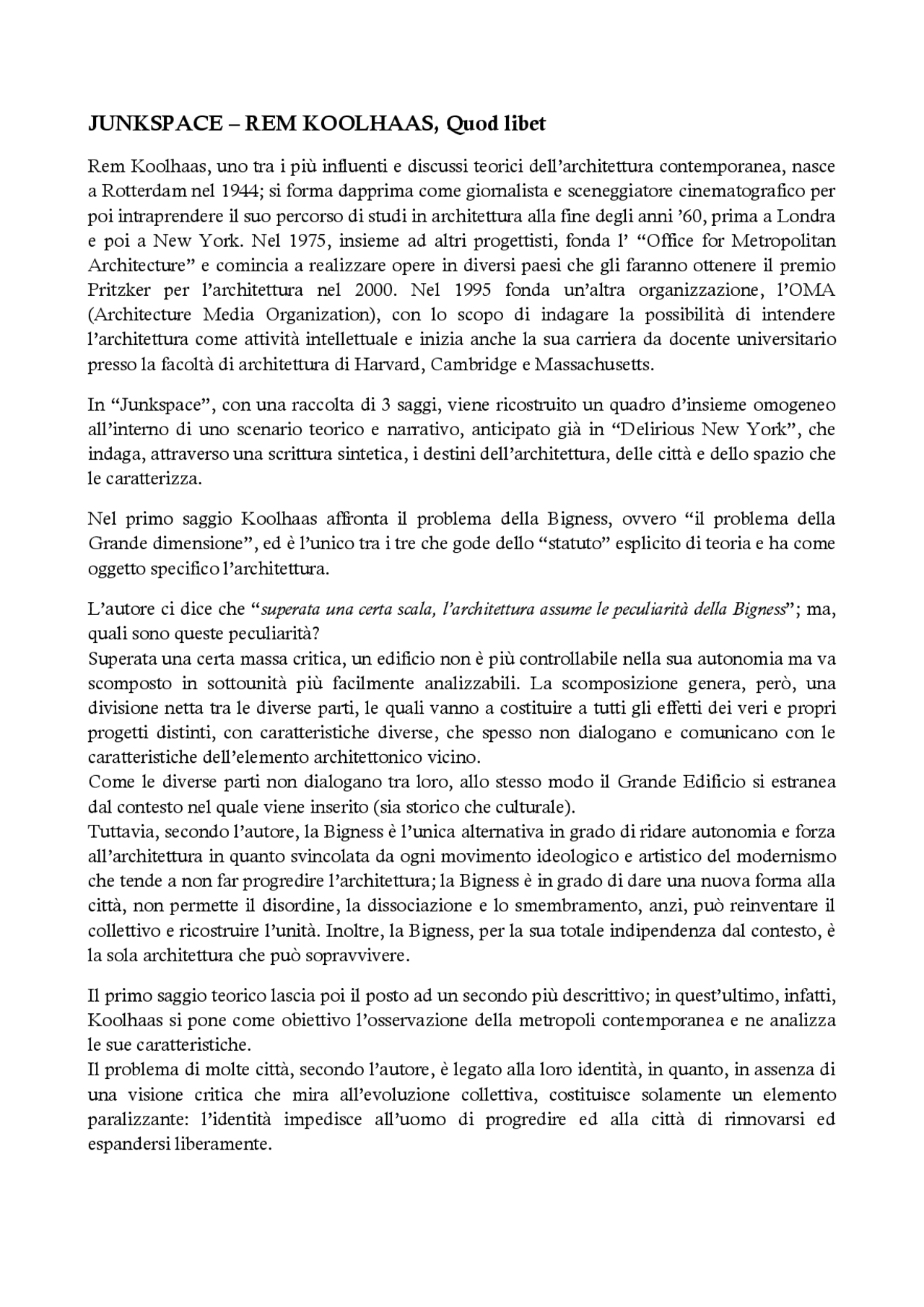 Relazione Junkspace, Rem Koolhaas Docsity
