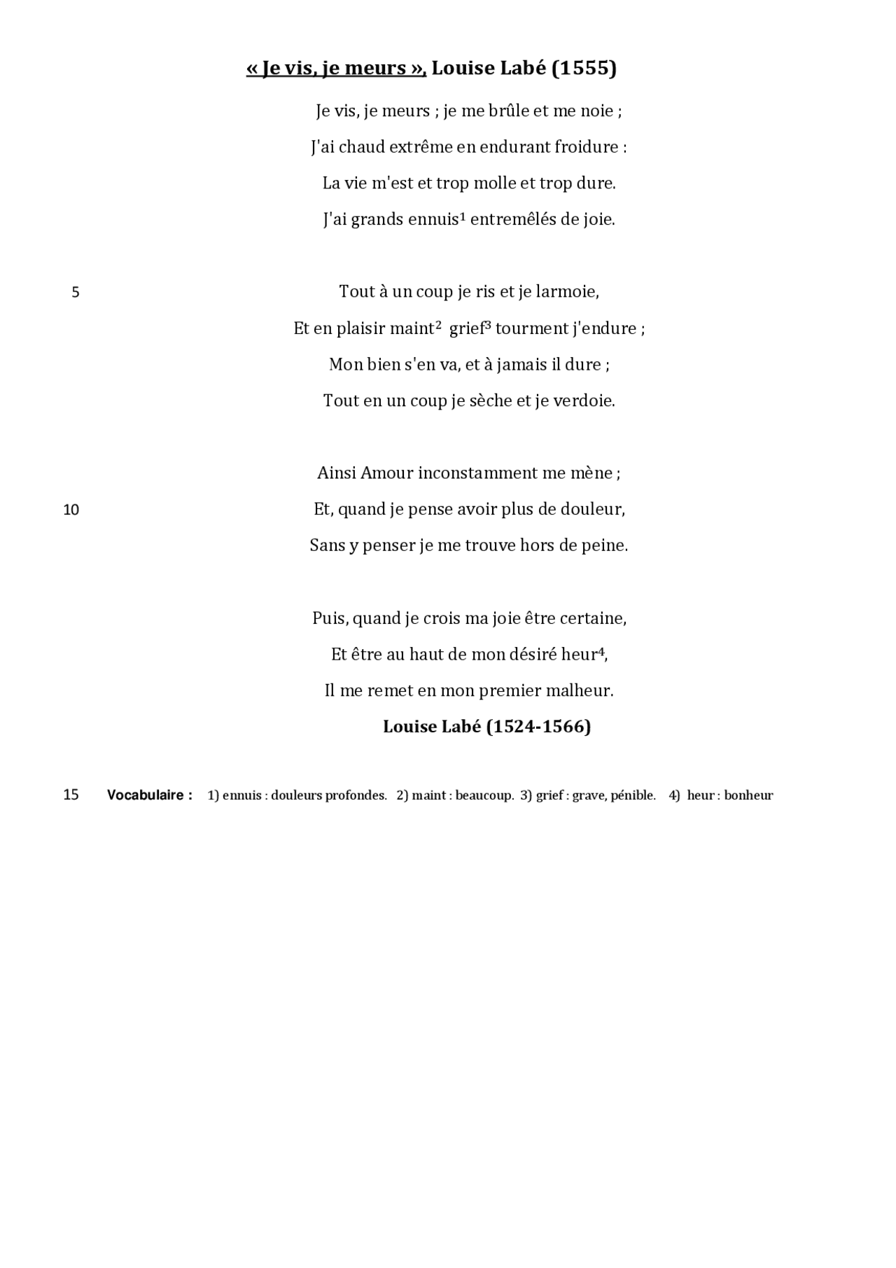 «Je vis, je meurs», Louise Labé (1555) Docsity «Je vis, je meurs», Louise Labé (1555) Docsity