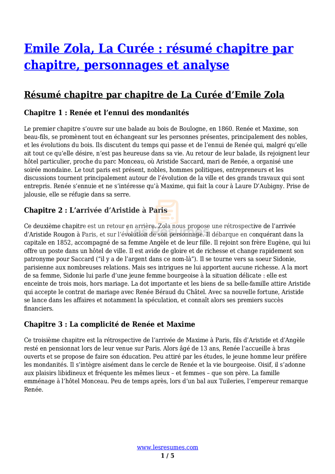 L Oeuvre De Zola Résumé Par Chapitre La Curée d'Emile Zola: analyse | Lectures Littérature | Docsity