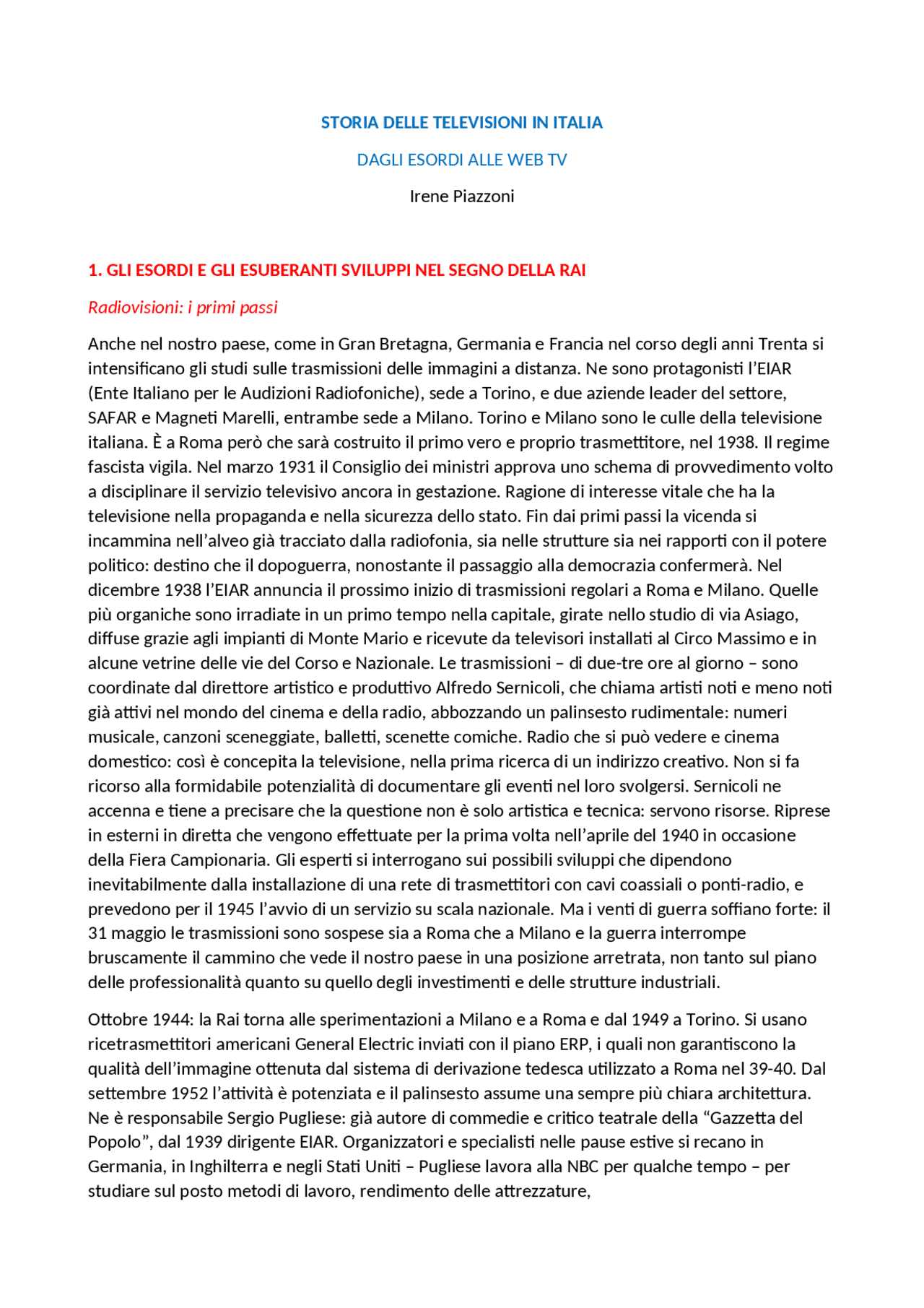 Storia delle televisioni in Italia. Docsity