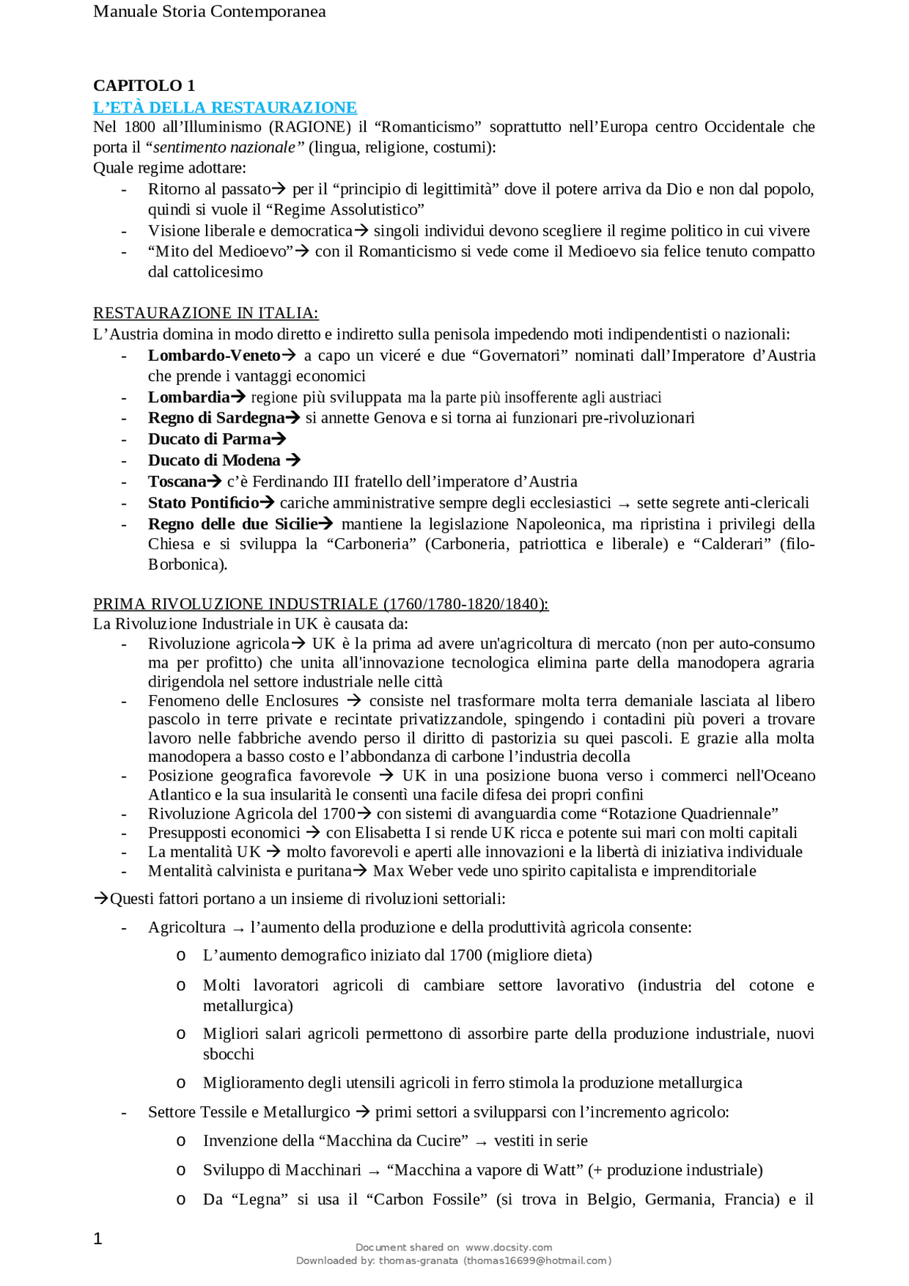 Storia Contemporanea, Alfredo Canavero Sintesi del corso di Storia