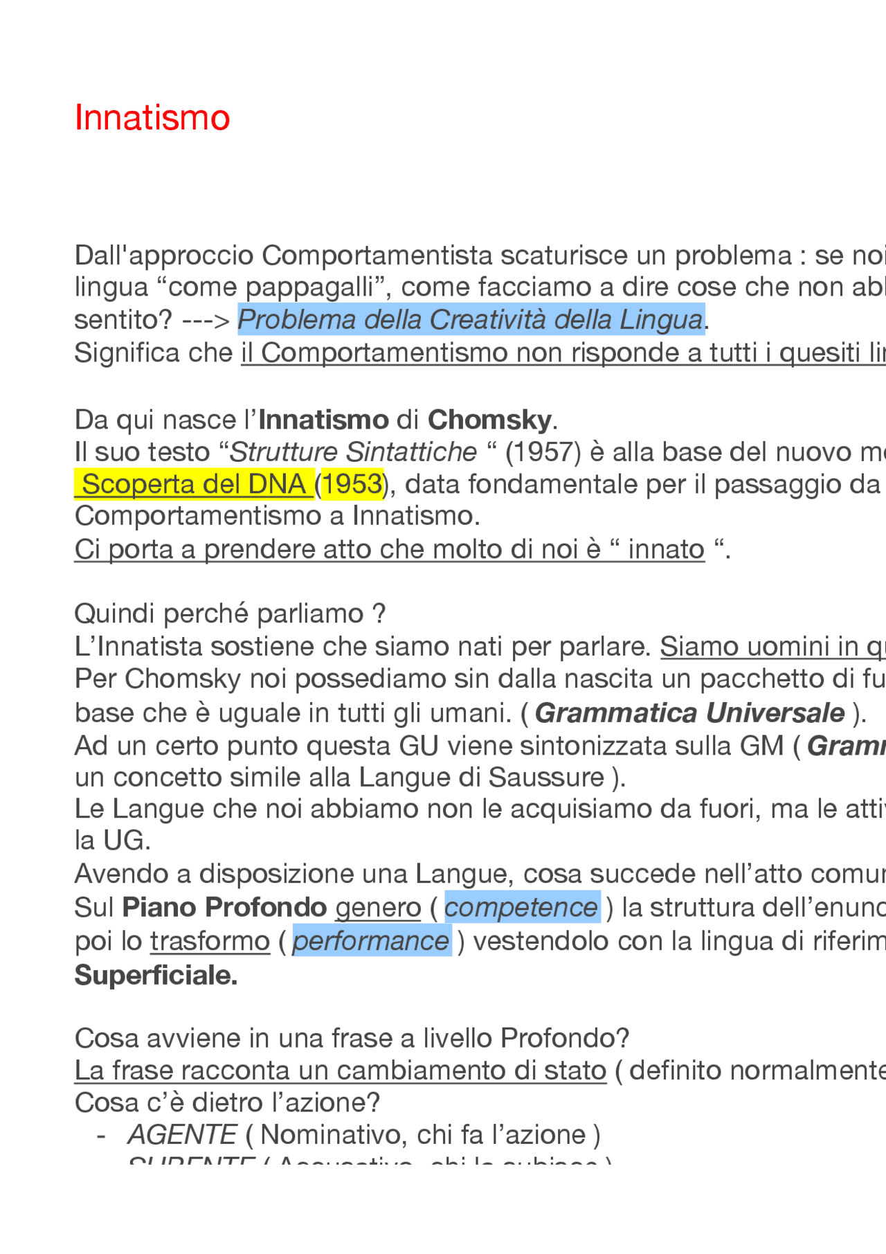 L'Innatismo ( Chomsky ) | Appunti di Linguistica - Docsity